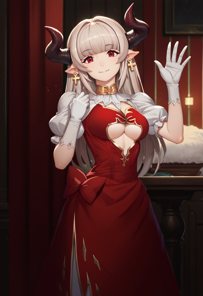 score_9, score_8_up, score_7_up, source_anime, solo, 1girl, gbfalicia, smile, looking at viewer, standing, waving, grey hair, pointy ears, horns, red dress, underboob cutout, center opening, puffy sleeves, white gloves, cross earrings, indoors <lora:gbf_alicia_ponyXL-000010:1>