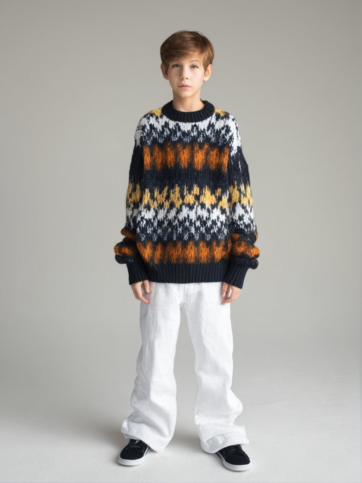 score_9, score_8_up, score_7_up, solo, photo \(medium\), <lora:JT(jac1tre):1> (jac1tre),  a young boy in a oversized long colorful sweater and oversized pants standing on a bed, fashion, serious look, full body shot, youngjac1tre, high fashion, unique fashion, (surreal:0.4), hyper detailed photorealistic life-like accurate proportional 8k sharp focus, empty hands, (accurate cinematic lighting), photorealistic detail, (selective focus:0.6), skin imperfections, skin pores, photorealistic detail