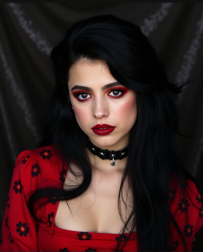 The image is a high-resolution photograph of a young woman with a striking gothic appearance. She has long, voluminous black hair that is slightly tousled and cascades over her shoulders. Her makeup is dramatic, featuring bold, bright red eyeshadow that extends to her eyebrows, accentuating her large, expressive eyes. Her eyeliner is thick and winged, and she has dark, full eyebrows. Her lips are painted a matching red, which contrasts sharply with her pale skin.She is wearing a black choker with a small silver pendant, adding to her edgy look. Her outfit is a vibrant red dress with a floral pattern, which adds a touch of femininity to her otherwise dark and dramatic style. The background is a dark, textured fabric, likely velvet or leather, providing a contrasting backdrop to her bright makeup and dark clothing.The overall aesthetic of the image is gothic and dramatic, emphasizing the woman's bold makeup and edgy fashion choices. The photograph is taken in a well-lit indoor setting, with soft shadows enhancing the depth and richness of her features.,Margaret Qualley, <lora:Margaret_Qualley_Flux_V1:1>