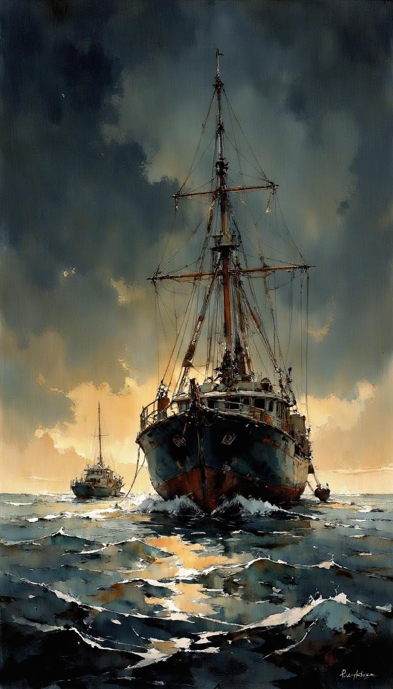 a boat on a rough sea at night by Adel_AI on Tensor.Art