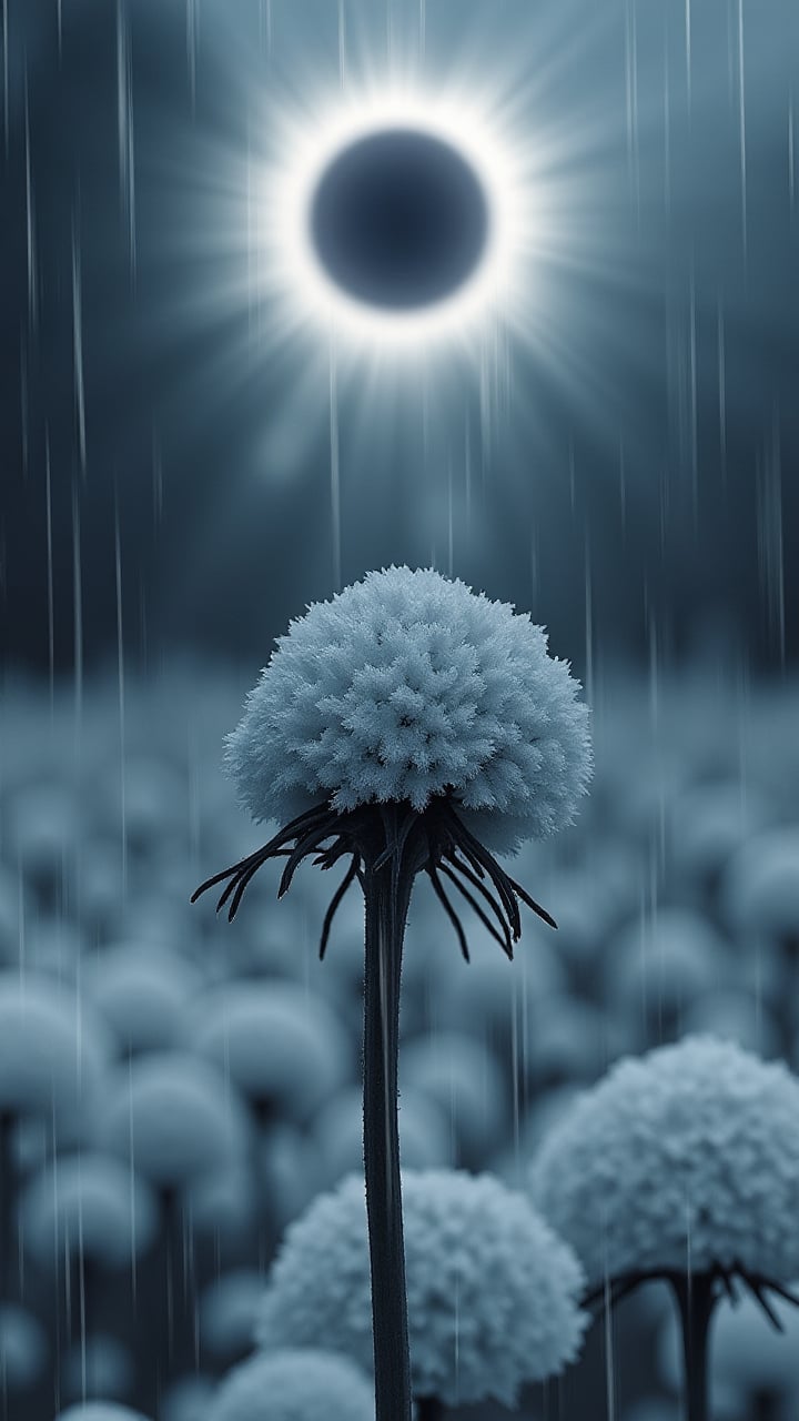 A Dimensional Raining full body shot with a snow-covered [scallions:Petunia:1] in the foreground and the surrounding Solar eclipse softly out of focus, capturing the stillness of the scene.     , aidmaglow