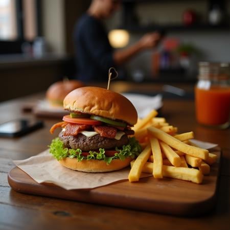 cinematic film still of  <lora:perfection style v3b:1> perfection styleA perfect photo of a wooden cutting board topped with a sandwich and french fries,food,blurry,cup,no humans,blurry background,phone,table,cellphone,smartphone,plate,realistic,food focus,still life,french fries,napkin , detailed face, detailed body, detailed hands, detailed eyes, detailed nose, detailed ears, detailed hair, detailed, perfection, detailed teeth, detailed skin texture, wrinkly, detailed fingers, detailed mouth, beauty, realism, real, detailed hair, detailed pores, detailed background, sharp image, detailed lips, different race, different color, different haircut, different skin tone, different, different people, different pose, perfection style, shallow depth of field, vignette, highly detailed, high budget, bokeh, cinemascope, moody, epic, gorgeous, film grain, grainy