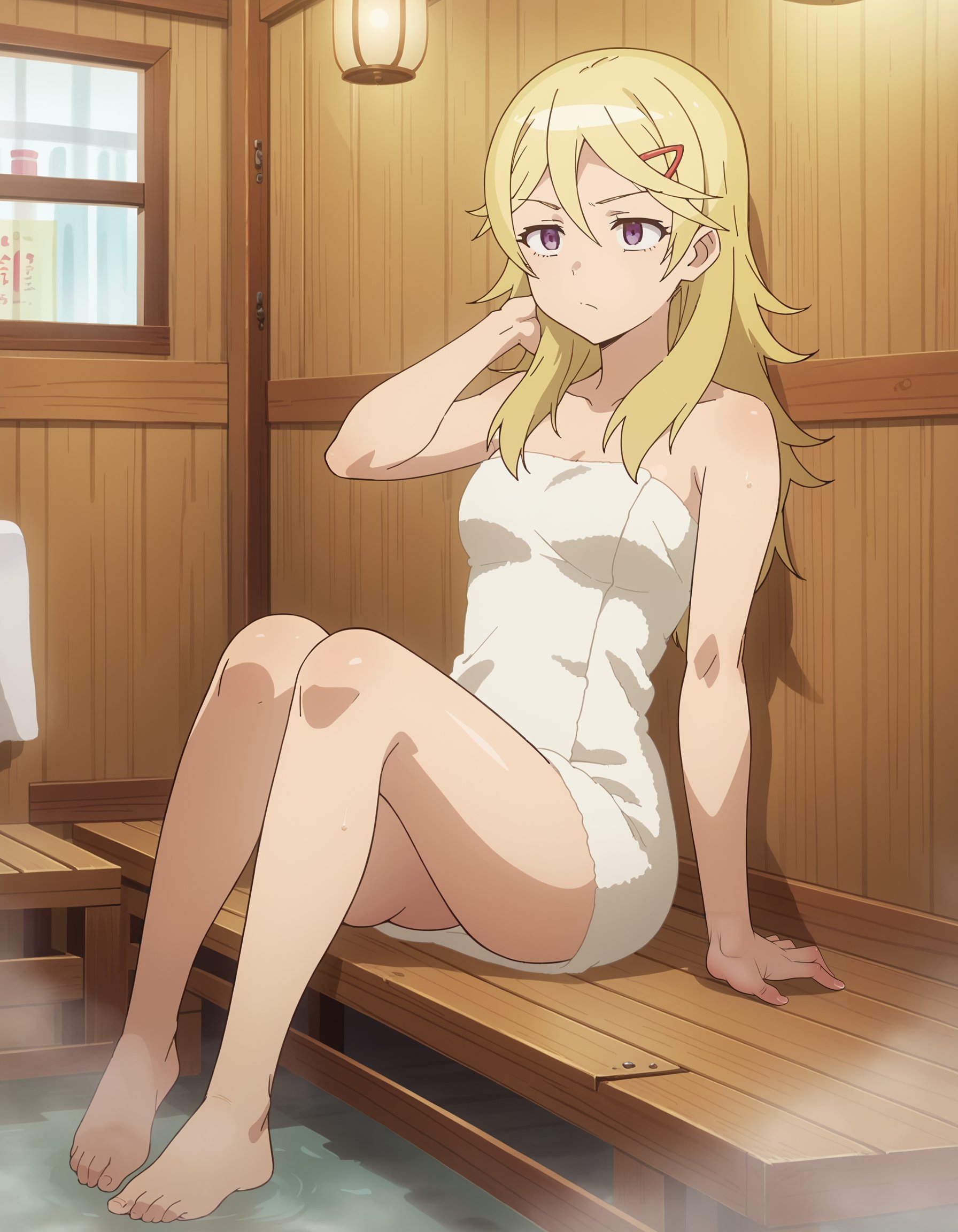 score_9, score_8_up, score_7_up, score_6_up, masterpiece, perfect quality, anime screencap, perfect lighting, nsfw, detailed background, in a sauna, <lora:Pony_DetailV2.0:3>solo girl, (full body shot), girl relaxing, girl sitting on a wooden bench, <lora:Landlord:.8>1girl, Landlord towel outfit | long hair, blonde hair, purple eyes, breasts, hair clip, naked towel