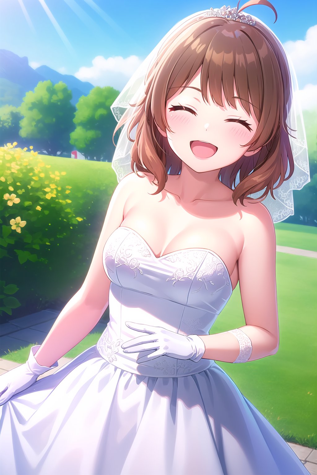 (masterpiece, best quality), highly detailed background, perfect lightingbest quality, hanamiume, solo, outdoors, nature, bridal veil, brown hair, gradient hair, ahoge, blunt bangs, medium hair, closed eyes, medium breasts, wedding dress, white dress, white gloves, frilled skirt, smile, open mouth, ^o^, <lora:Hanami-Ume:0.7>