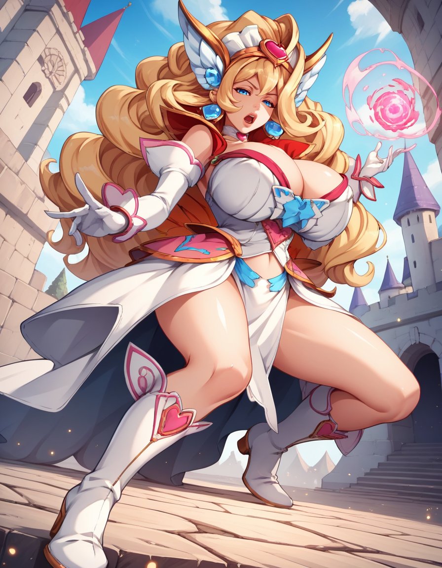 score_9, score_8_up, score_7_up,score_6_up, score_5_up, score_4_up , 1girl, solo, huge breasts,DianaAmanDG,long hair, blue eyes, blonde hair, white gloves, white boots, headdress,  jewelry, earrings,  choker, white footwear, open mouth, lips, half-closed eyes, looking at viewer, magic, from below,fighting stance,castle, fantasy, light particles,  <lora:DianaAmanDG PonyXL v01-000003:0.90>