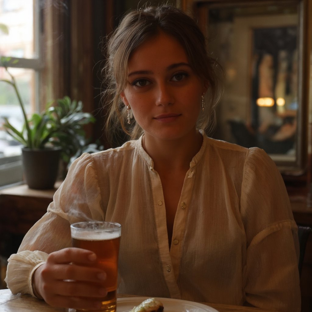 A portrait of ella_purnell seated at a wooden table in a dimly lit room. She holds a glass of amber-colored beer with steam rising from it. She wears a delicate, off-white blouse with a high neckline and a delicate necklace. Her hair is styled in a voluminous updo, and she wears large, dangling earrings. The table has a plate with a piece of food on it. The background shows a window with curtains, a potted plant, and a framed picture on the wall. The color palette is warm, dominated by the amber of the beer and the softness of the woman's hair.