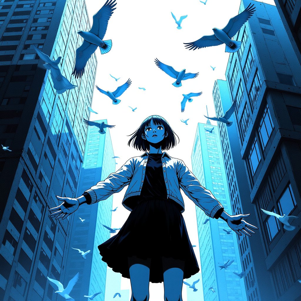 anime_martz, anime_source, paint, an illustration of a girl with her arms outstretched and birds flying in front of her, surrounded by skyscrapers, black and white colors with blue tones, <lora:anime_martzv2:1.0>