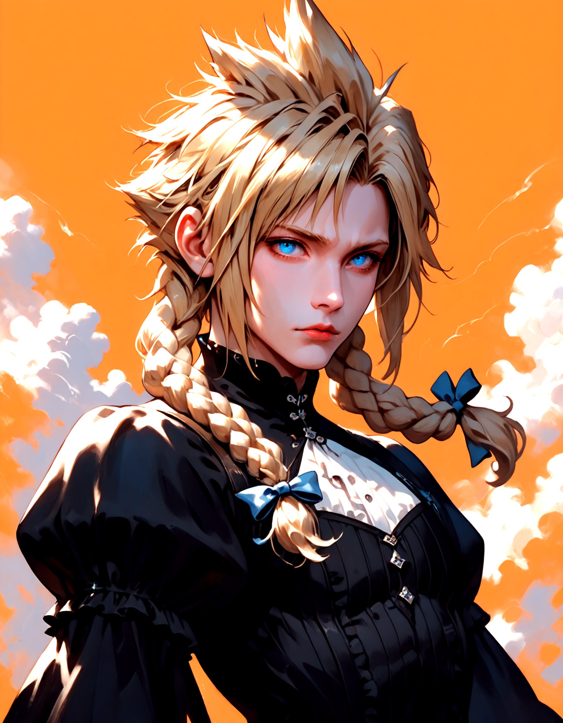 score_9, score_8_up, score_7_up, score_6_up, solo, looking at viewer, blue eyes, blonde hair, long sleeves, 1boy, dress, bow, upper body, braid, hair bow, male focus, frills, puffy sleeves, black dress, twin braids, shadow, spiked hair, frilled sleeves, crossdressing, orange background, cloud strife