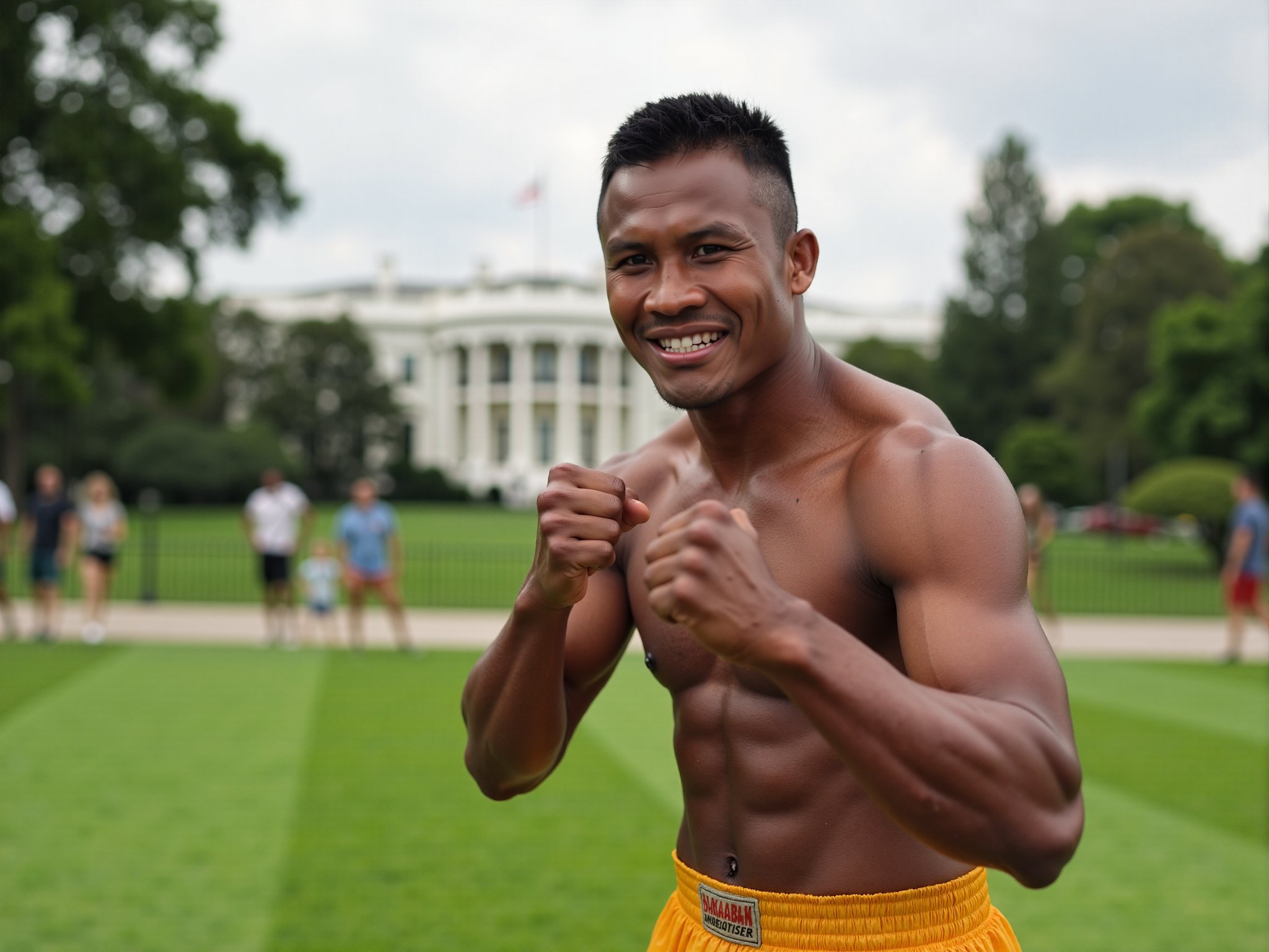 A realistic candid photo of Buakaw Banchamek. He's smiling, posing in a fighting stance position with the white house in Washington D.C. in the background. He wore a sleeveless shirt with matching boxing pants.<lora:BuakawF1_SET1_32_x32:0.9>