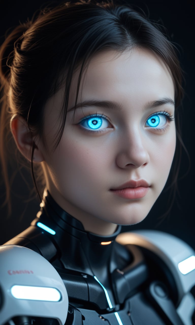 score_9, score_8_up, score_7_up, score_6_up, score_5_up, score_4_up, realistic, photo, dynamic angle, dramatic shadows, high quality, detailed face and eyes, detailed skin, BREAK, (cute:1.2), cyberpunk, cyberpunk background, neon lights, (cyborg, mechanical arms, robotic body:1.2), detailed full cyborg body parts, (glowing body parts:1.2), blue lights, cinematic portrait photo, young cyborg woman with (shoulder-length:0.5) brunette hair and blue eyes, glowing eyes, (mechanical eyes, robot eyes:1.2), (wearing a black formfitting high-tech futuristic outfit and pants:1.2)