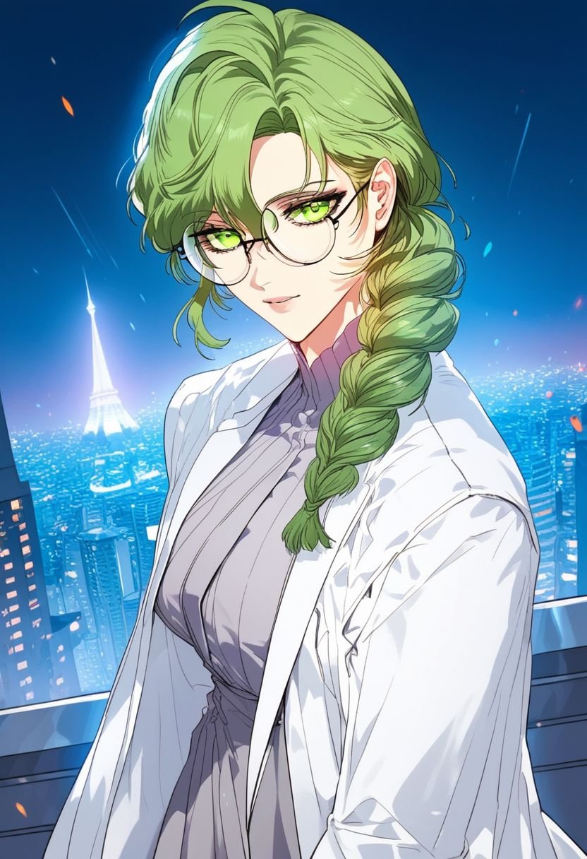 highly detailed, masterpiece, score_9,score_8_up,score_7_up, (manhwa artstyle), 1girl, AlchemistMaster, light green eyes, green hair, long hair, single braid hair, looking at viewer, glasses, alchemist uniform, tower city background, standing on roof, night atmosphere, stars, windy atmosphere, 