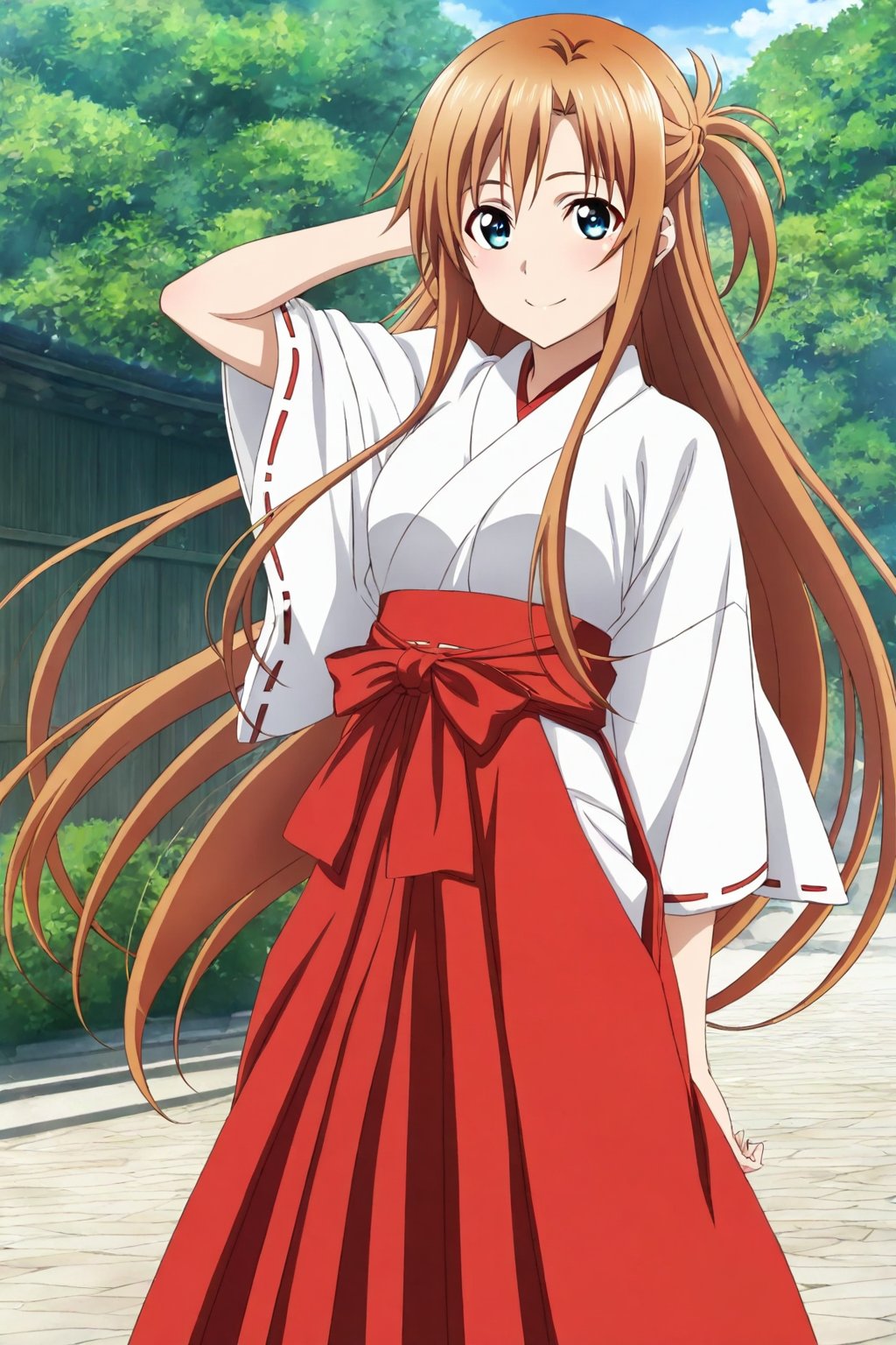 score_9, score_8_up, score_7_up, score_6_up, score_5_up, score_4_up, source_anime, yuuki asuna, long hair, 1girl, solo, japanese clothes, miko, white kimono, smile, outdoors, hakama, looking at viewer, skirt, day, hakama skirt, tree, red hakama, long sleeves,masterpiece, perfect face, best quality, beautiful girl, cute girl, beautiful eyes, shiny eyes, anime coloring, anime screencap, absurdres, outdoors,<lora:yuuki asuna illust 1002:0.8>