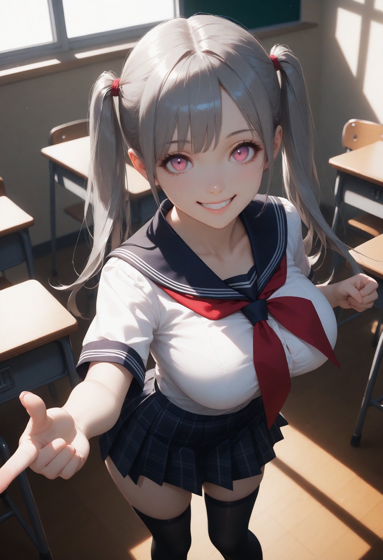 score_9,score_8_up,score_7_up,from_above,1girl,solo,large_breasts,cleavage,gray_hair,long_hair,low_twintails,pink_eyes,school_uniform,checkered_skirt,black_thighhighs_socks,classroom,girl style smile,pointing at you,night,darkness,backlight,shadow,