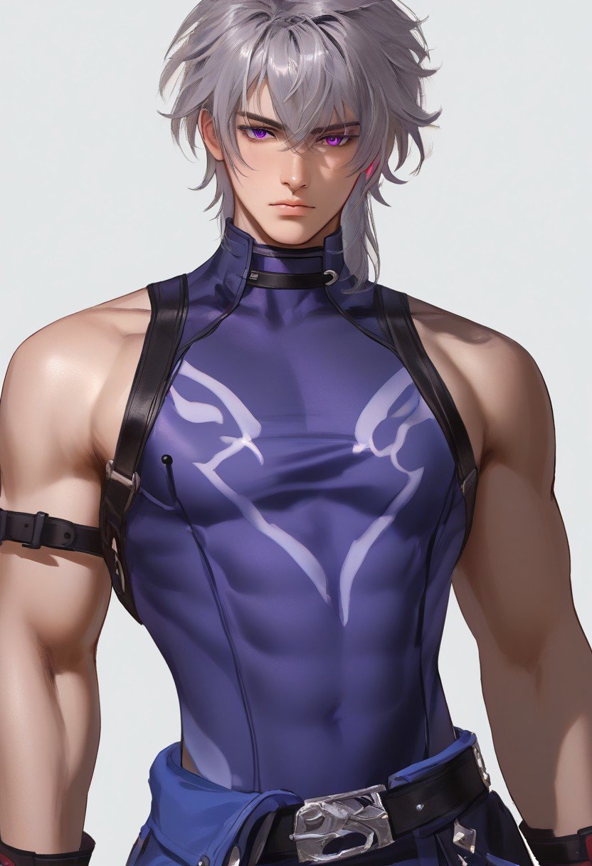 1boy, solo, male focus, slim toned male, moze_(hsr), moze, grey purplish hair, wolfcut hair, bangs between eyes, pale skin, purple eyes, slim face, detailed eyes, confident,(white background:1.1), detailed light, light on hair, glowing, close up, sleeveless, patterned top, looking at viewer, front view, relax, pectorals, abs, big chest, big thigh, rating PG, score_9,score_8_up,score_7_up, source_anime, male focus, manly, tall, detailed eyebrow, sharp eyebrows, focus on thigh, thigh focus, random view, muscular, hung