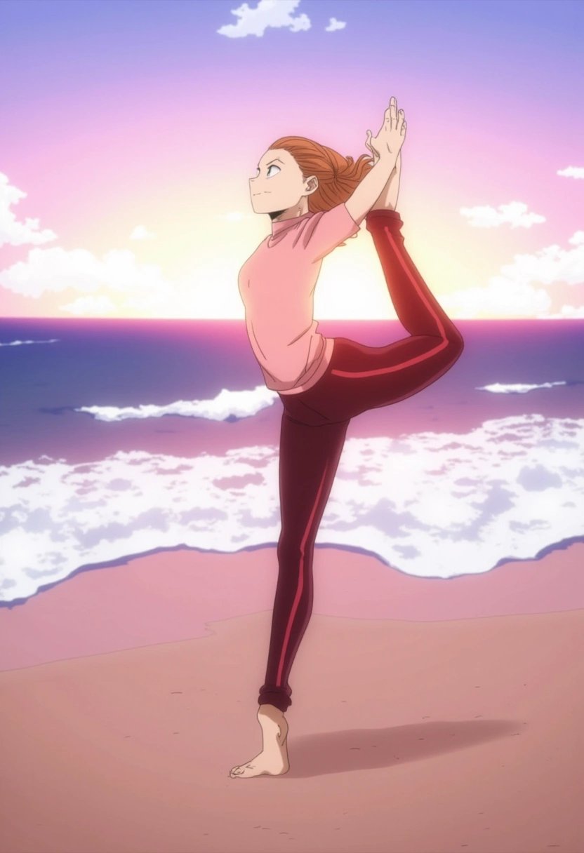 A young woman practicing yoga on a peaceful beach during sunrise. The waves gently lap at the shore behind her, and the sky is a blend of soft pinks and oranges. Her pose is steady, and the calm environment adds to her focus. boku_no_hero_academia_style