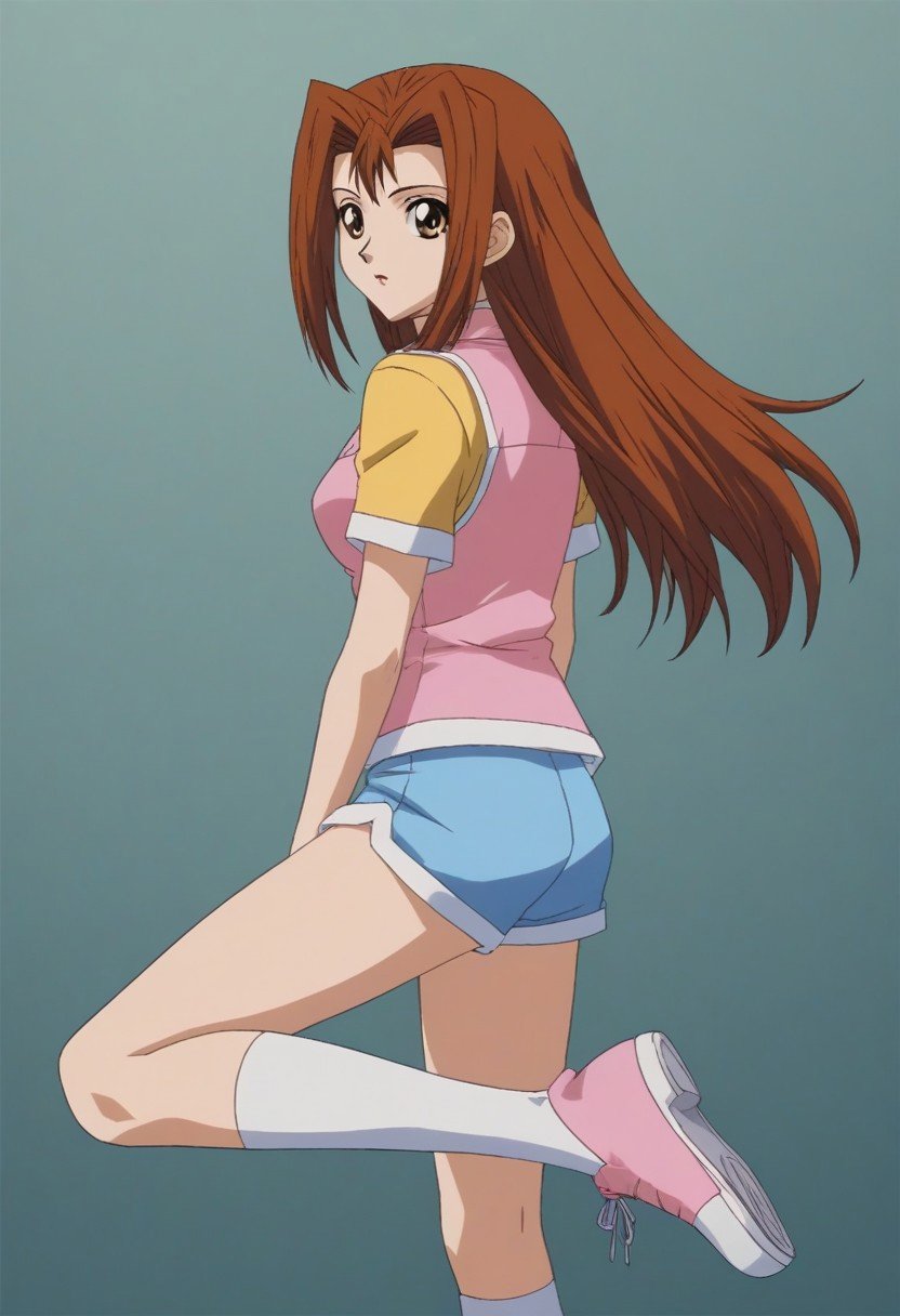 Score_9_up, Score_8_up, Score_7_up, easynegative, ng_deepnegative_v1_75t,girl, star_(symbol), solo, from behind, lookin at viewer, nightSerenity Wheeler, 1girl, brown hair, long hair, brown eyes, yellow shirt, pink vest, blue shorts, white socks, white shoes