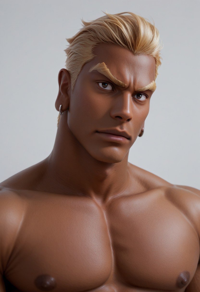 score_9, score_8_up, score_7_up, gamagori_ira, bara, blonde hair, dark skin, short hair slicked back, earrings, muscular, thick neck, shirtless, portrait