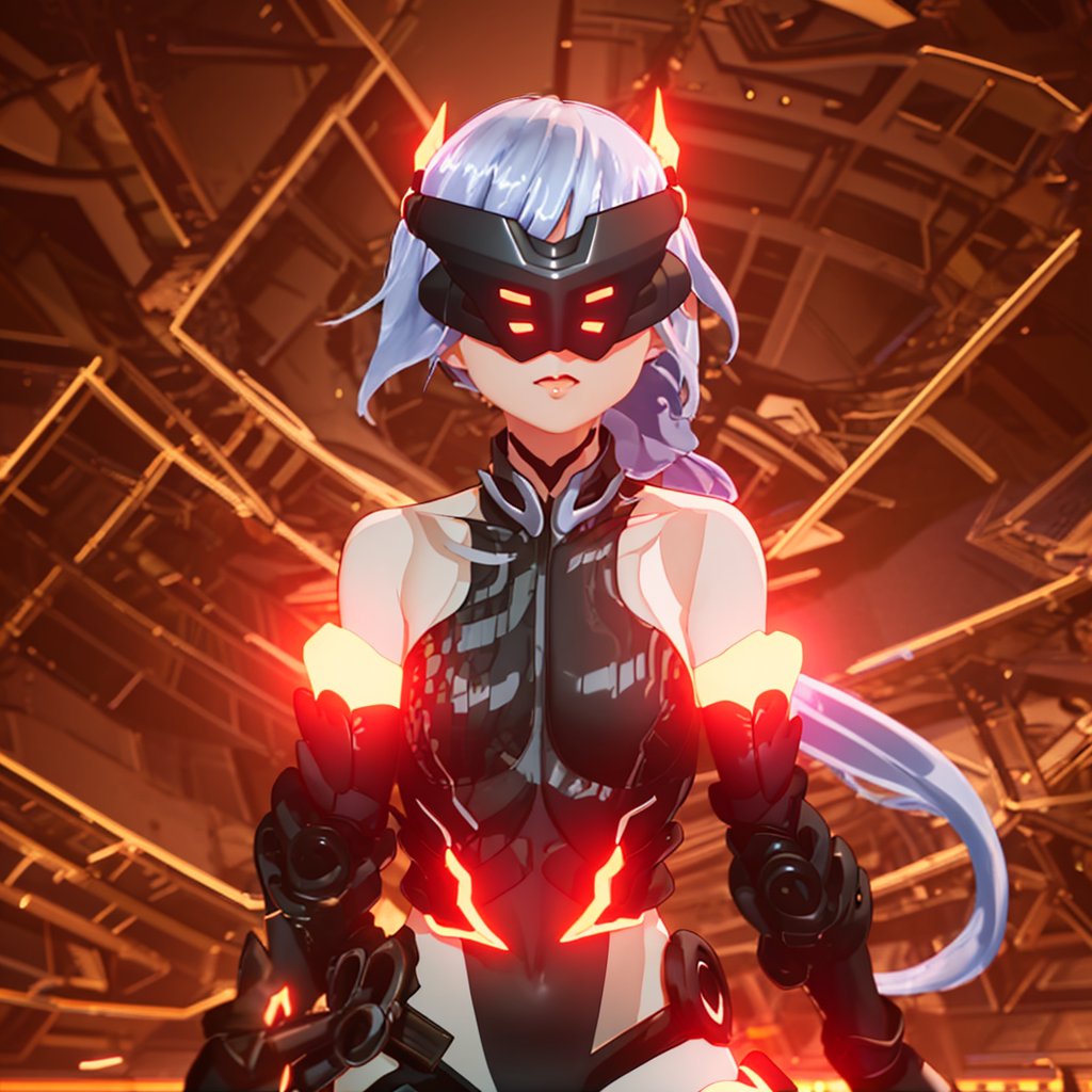 thighhighs, gloves, long hair, leotard, elbow gloves, mask, glowing, mecha musume, mecha, braid, hair between eyes, fu hua, horns, black bodysuit, hair scrunchie, armor, plugsuit, covered eyes, mechanical wings, bodysuit, bare shoulders, hair ornament, black gloves, high heels<lora:符华-月轮-月蚀:0.8>