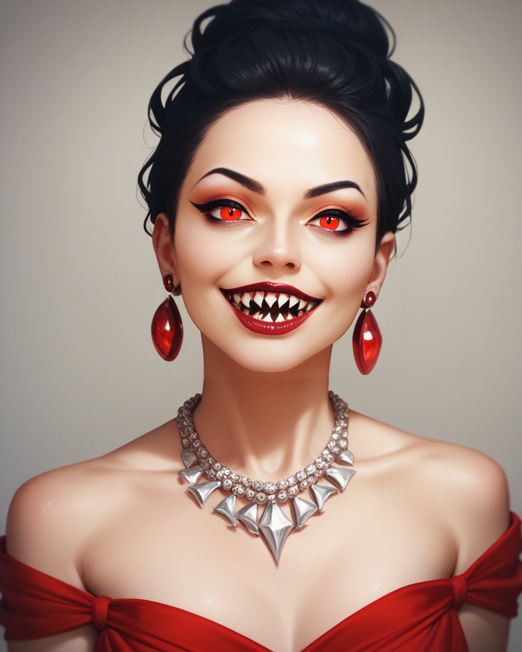 score_9_up, score_8_up, score_7_up, halloween makeup, jewelry, 1girl, necklace, earrings, red eyes, red lips, makeup, black hair, solo, teeth, lipstick, dress, smile, bare shoulders, sharp teeth, portrait, looking at viewer, <lora:NeoNi_HMUP:0.7>