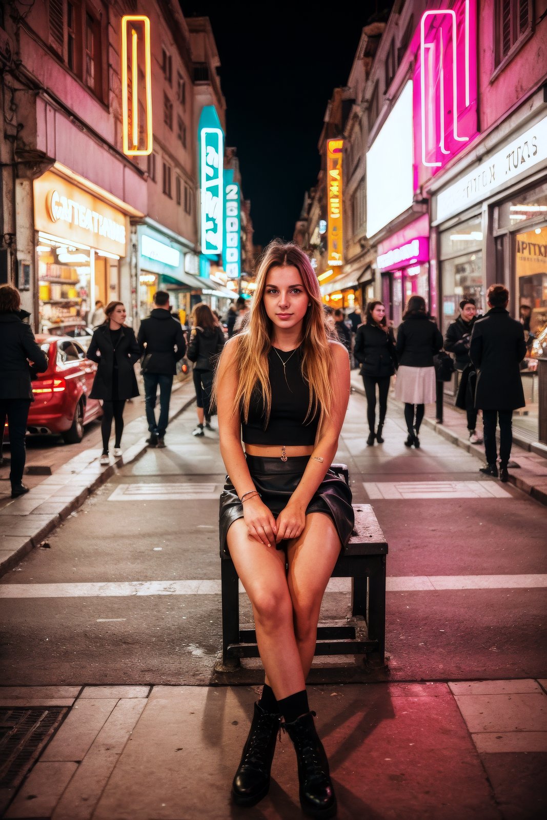 gritty raw street photography, Croatian woman, short skirt, matrixpunk clothing, sitting in a busy crowded street, with neon lighting from shop signs