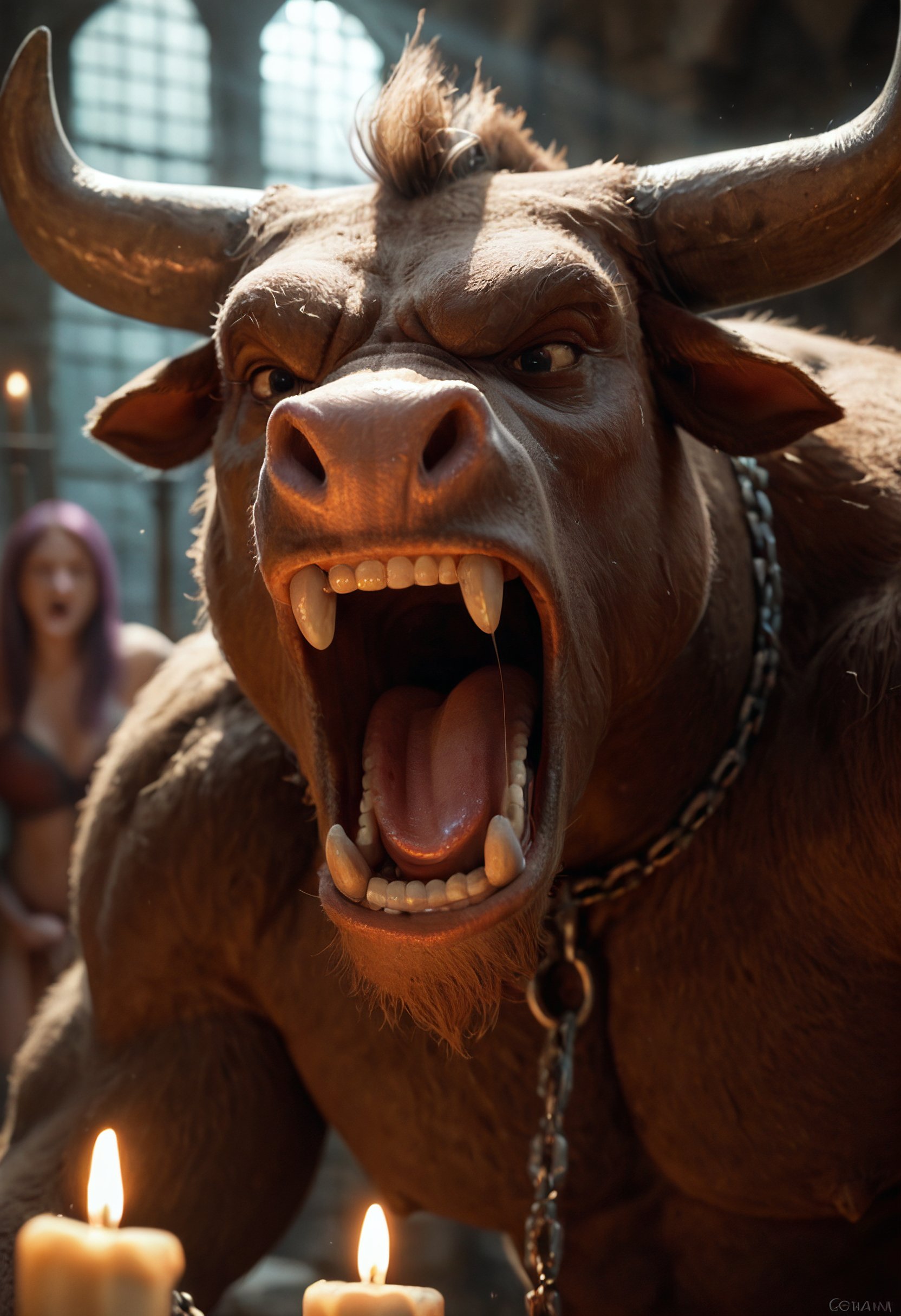 score_9, score_8_up, score_7_up, furry, close-up, minotaur, angry, yelling, teeth, chained, dungeon, dark, low light, candles, depth of field, highly detailed, high contrast, film grain, Rim Lighting, Rays of Shimmering Light