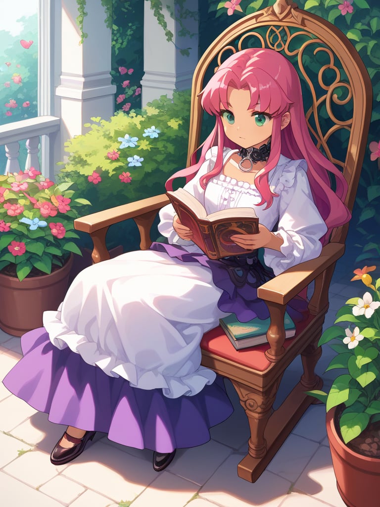 score_9, score_8_up, score_8,Solo, 2.5d, highly detailed, intricate, beautiful aesthetic, anime artwork,vibrant, extreme contrast, raytracing, dark colors, edgy, gothic,starfire, teantitans, reddish pink hair, long hair, purple long dress with golden details, rocking chair, reading a book, flower garden, falling flowers,expressive,