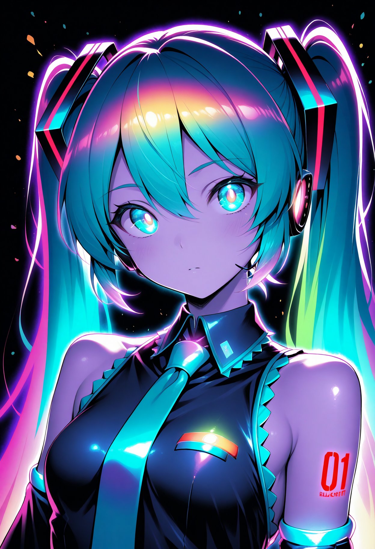 beast_quality,masterpiece,8k,Hatsune Miku,limited palette,black background,colorful,vibrant,glowing outline,neon,blacklight,looking at viewer,