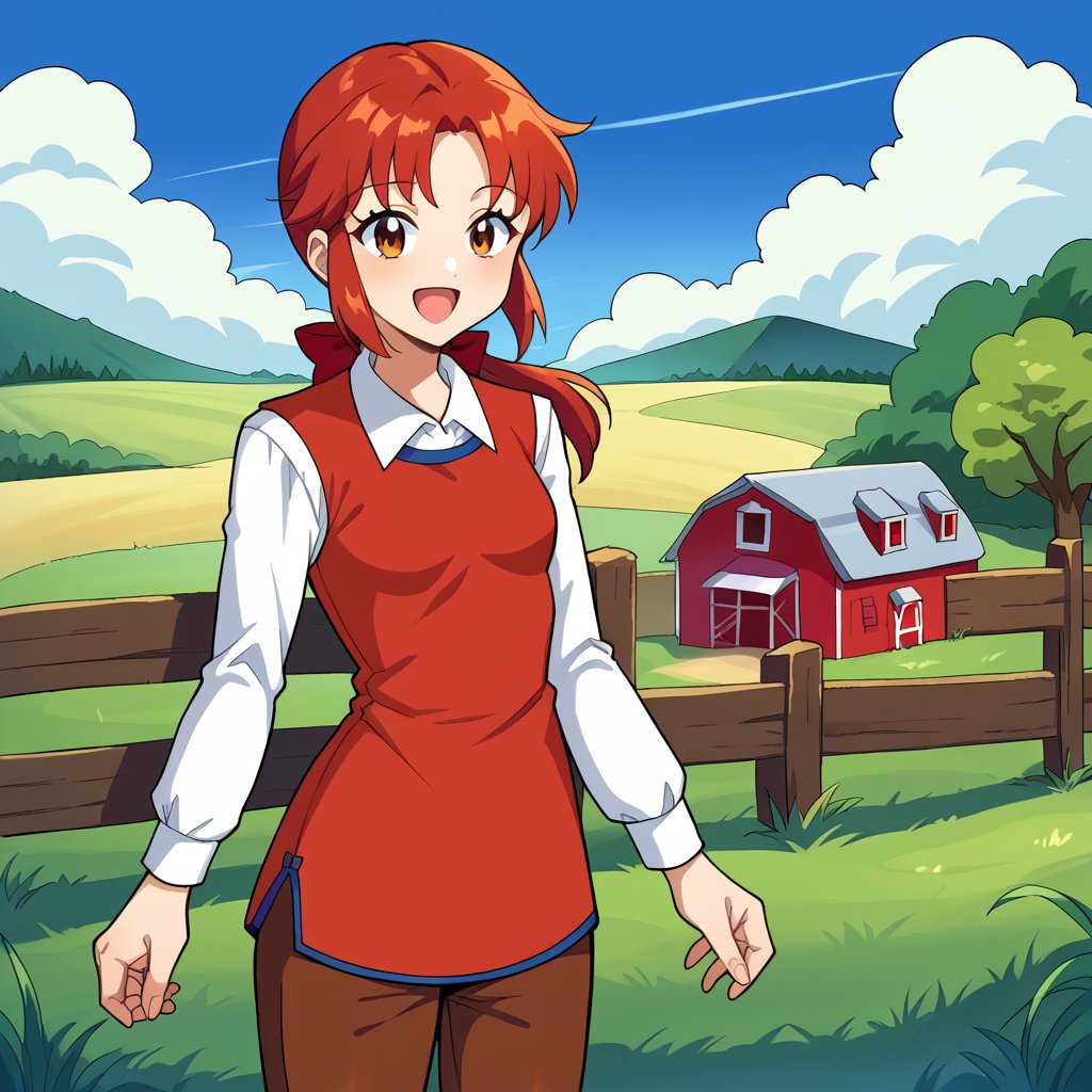 score_9, score_8_up, score_7_up, BREAK source_anime, absurdres, farm, fence, grass, outdoors, tree, blue sky, barn, 1girl, solo, MRHolly, smile, open mouth, sidelocks, ponytail, red hair bow, red dress, long white sleeves, white collar, BREAK brown capri pants, small breasts, looking at sky, <lora:MRHolly_SDXL-000005:1.0>