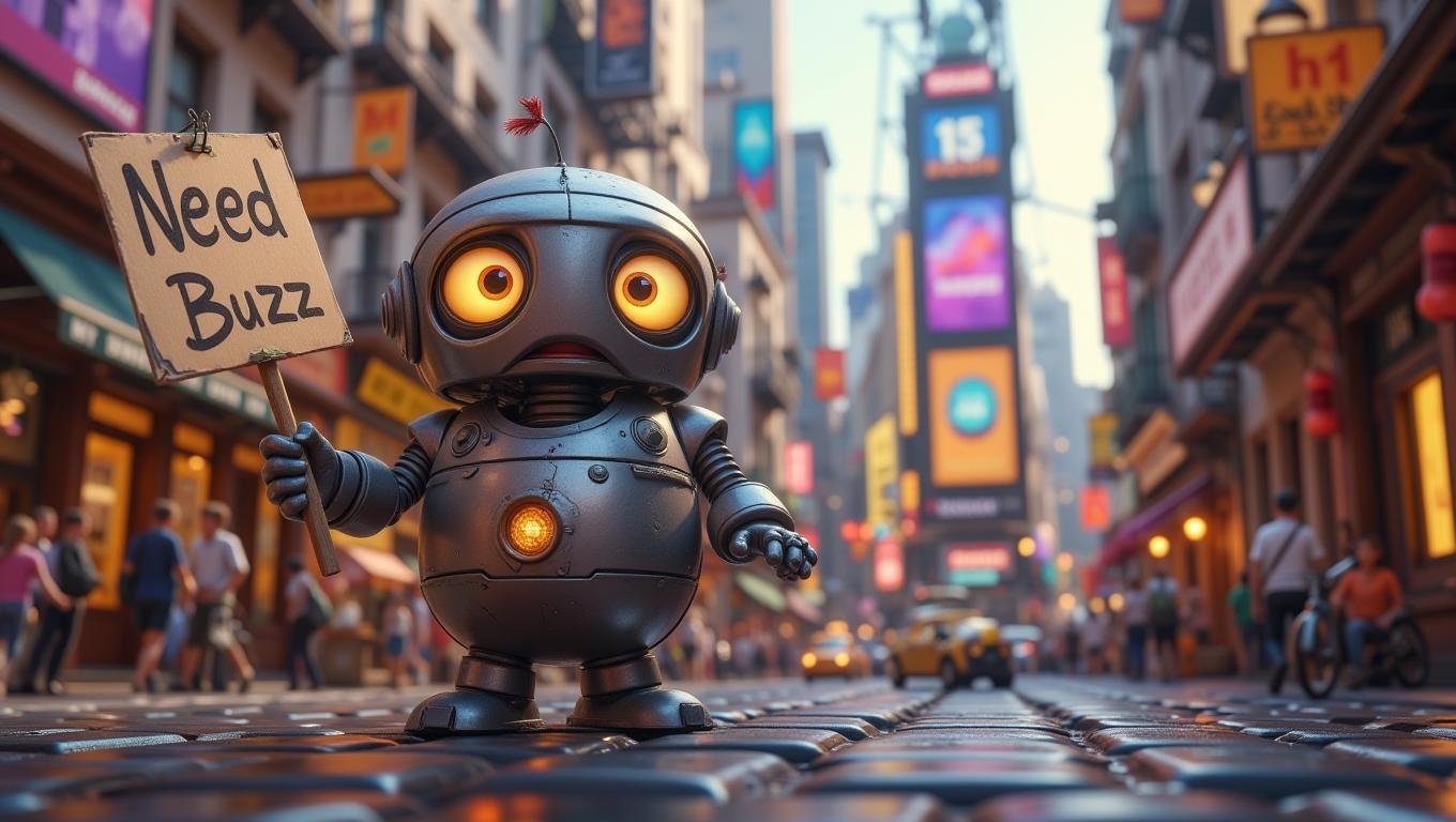 A small, round robot with big, expressive eyes is standing in the middle of a busy, futuristic city. The robot’s metal body is slightly dented, and its antenna is drooping in a way that makes it look sad. It's holding up a handmade sign that reads "Need Buzz" in shaky, childlike handwriting. The robot’s eyes are glowing softly, full of hope and desperation, as it looks up at the towering skyscrapers around it. The scene is both heartwarming and slightly melancholic, capturing the robot's longing for energy and connection in a world that’s moving too fast for it   <lora:Cute_3d_Cartoon_Flux:0.6>