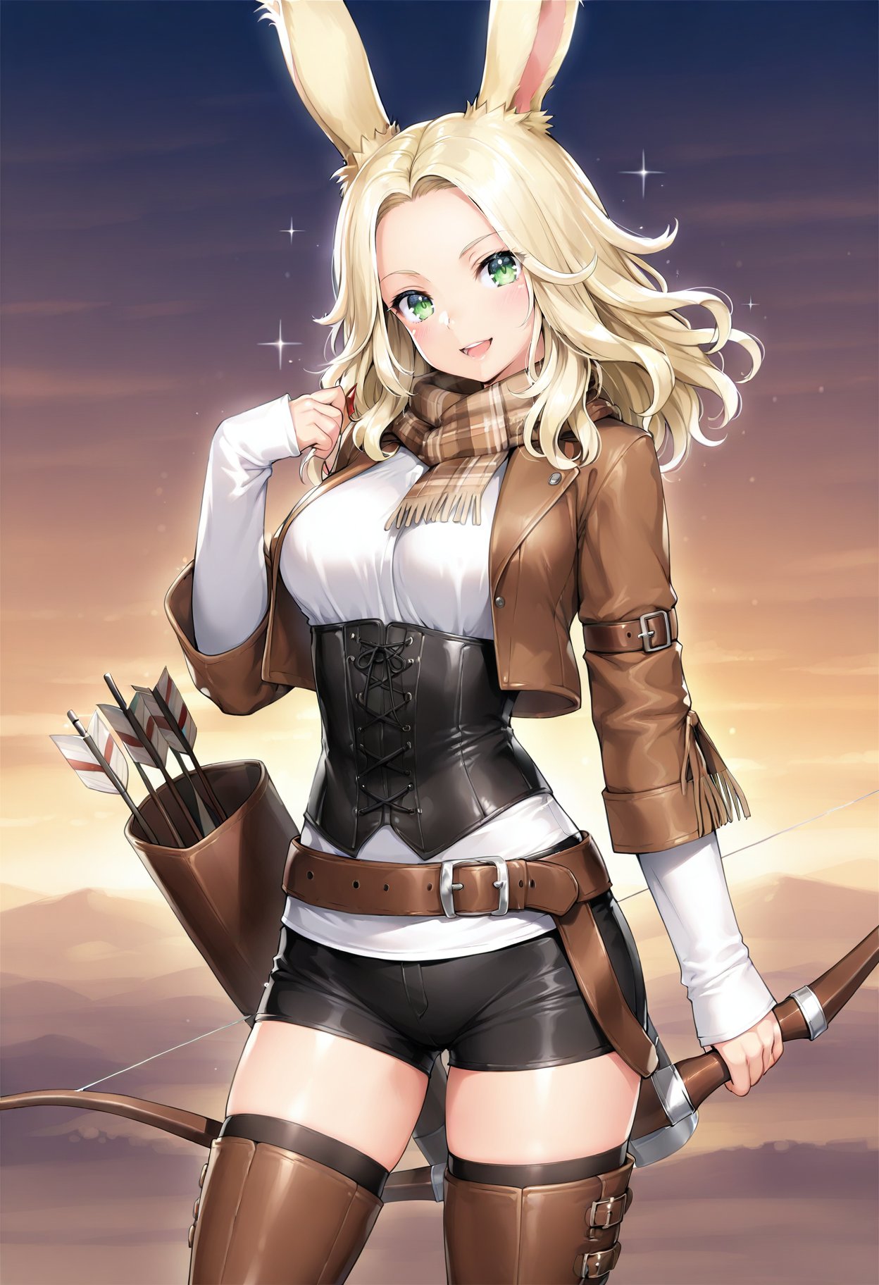 1girl, solo, viera, green eyes, weapon, animal ears, rabbit ears, quiver, bow \(weapon\), cowboy shot, arrow \(projectile\), looking at viewer, shorts, scarf, holding, smile, jacket, brown scarf, open mouth, blonde hair, cropped jacket, long hair, thighhighs, warrior of light \(ff14\), breasts, brown jacket, long sleeves, holding weapon, sparkle, belt, holding bow \(weapon\), short shorts, fringe trim, black shorts, standing, white shirt, arm belt, medium breasts, head tilt, :d, shirt, parted bangs, blush, open jacket, plaid scarf, plaid, sleeves past wrists, open clothes, black thighhighs, forehead, thigh boots, buckle, brown belt, wavy hair, corset, large breasts, medium hair