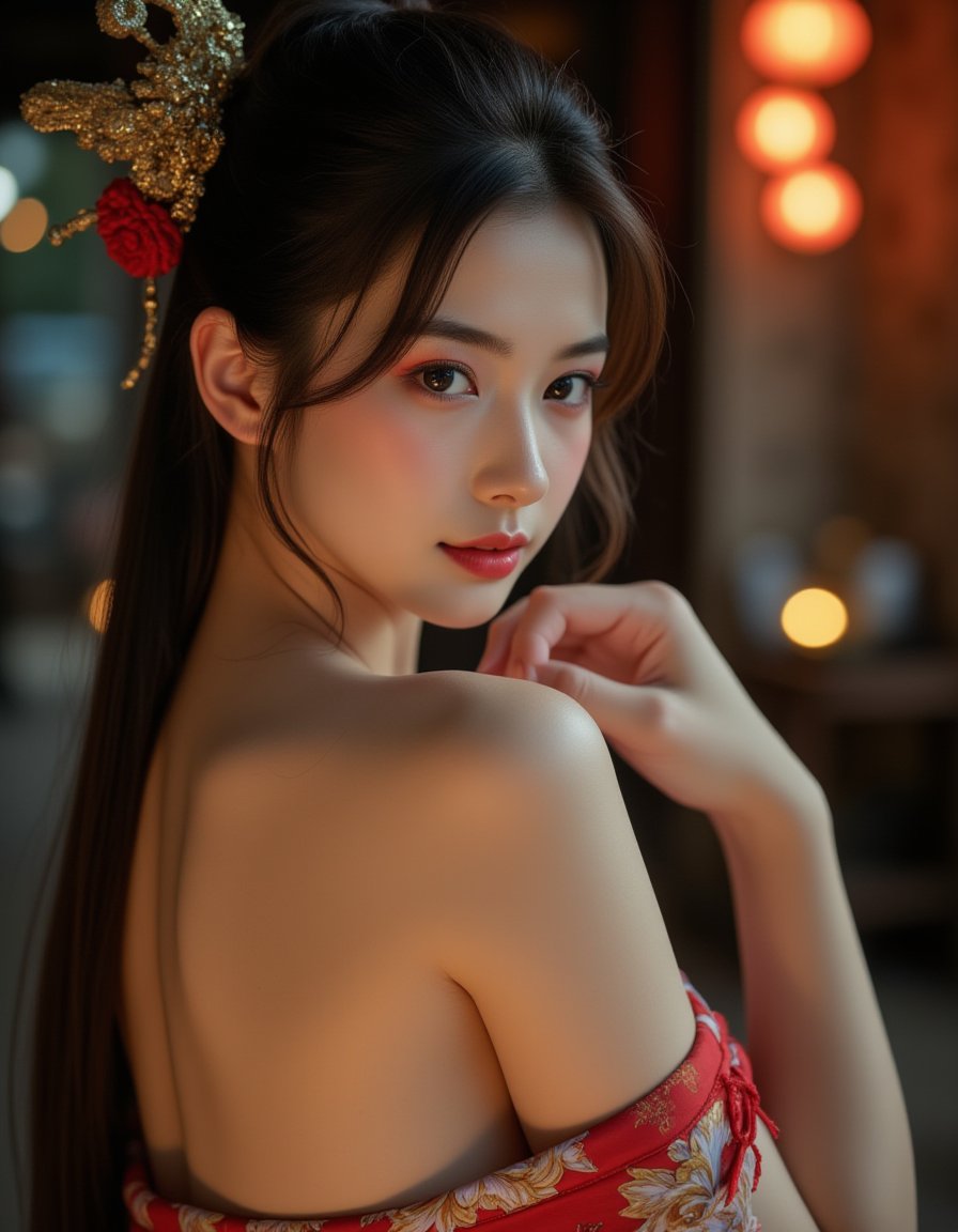 18 year old cute chinese young girl,(chinese hanfu:1.3),Cinematic Lighting,(from_above:1.3),backlight,low light,late night,real human skin,colorful,very detailed,stunning details,classy,big breasts,looking_back,