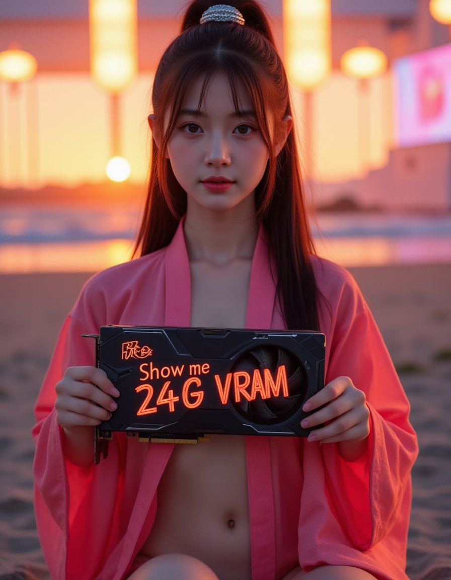 18 year old cute chinese girl,(hanfu:1.4),low light,the environment has real shadows and rich colors already complex details,with very real human characteristics and skin texture,hanfu girl kneeling open legs on the beach in golden hour,photos with real professional camera style,sunset backlight and bright colors and film grain,A confident young woman holding a high-end graphics card in her hands,the card clearly displaying the bold text 'Show me 24G VRAM'. She stands proudly,with a tech-savvy vibe. The setting is sleek and futuristic,with glowing computer setups in the background,emphasizing her gamer and hardware enthusiast style. The graphics card looks powerful and cutting-edge,symbolizing top-tier performance.,