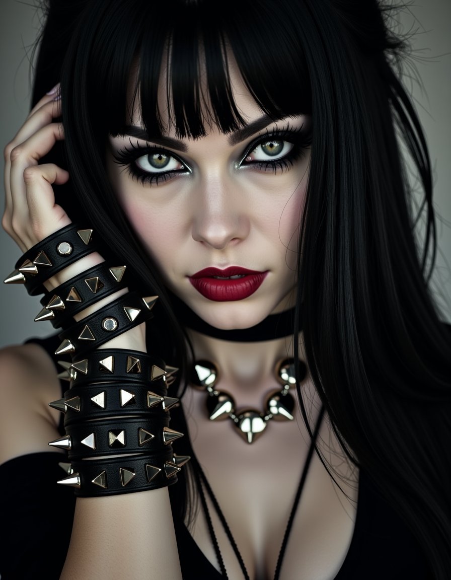 mggs, beautiful rocker girl, looking at the camera in a sensual way, spiked bracelets, silver necklace,  photorealistic, real photography, 4k, ultra realistic,   <lora:metal-gothic-girls:1>, Photorealistic, Hyperrealistic, Hyperdetailed, analog style, soft lighting, subsurface scattering, realistic, heavy shadow, masterpiece, best quality, ultra realistic, 8k, golden ratio, Intricate, High Detail, film photography, soft focus, RAW candid cinema, 16mm, color graded portra 400 film, remarkable color, ultra realistic, textured skin, remarkable detailed pupils, realistic dull skin noise, visible skin detail, skin fuzz, dry skin, shot with cinematic camera