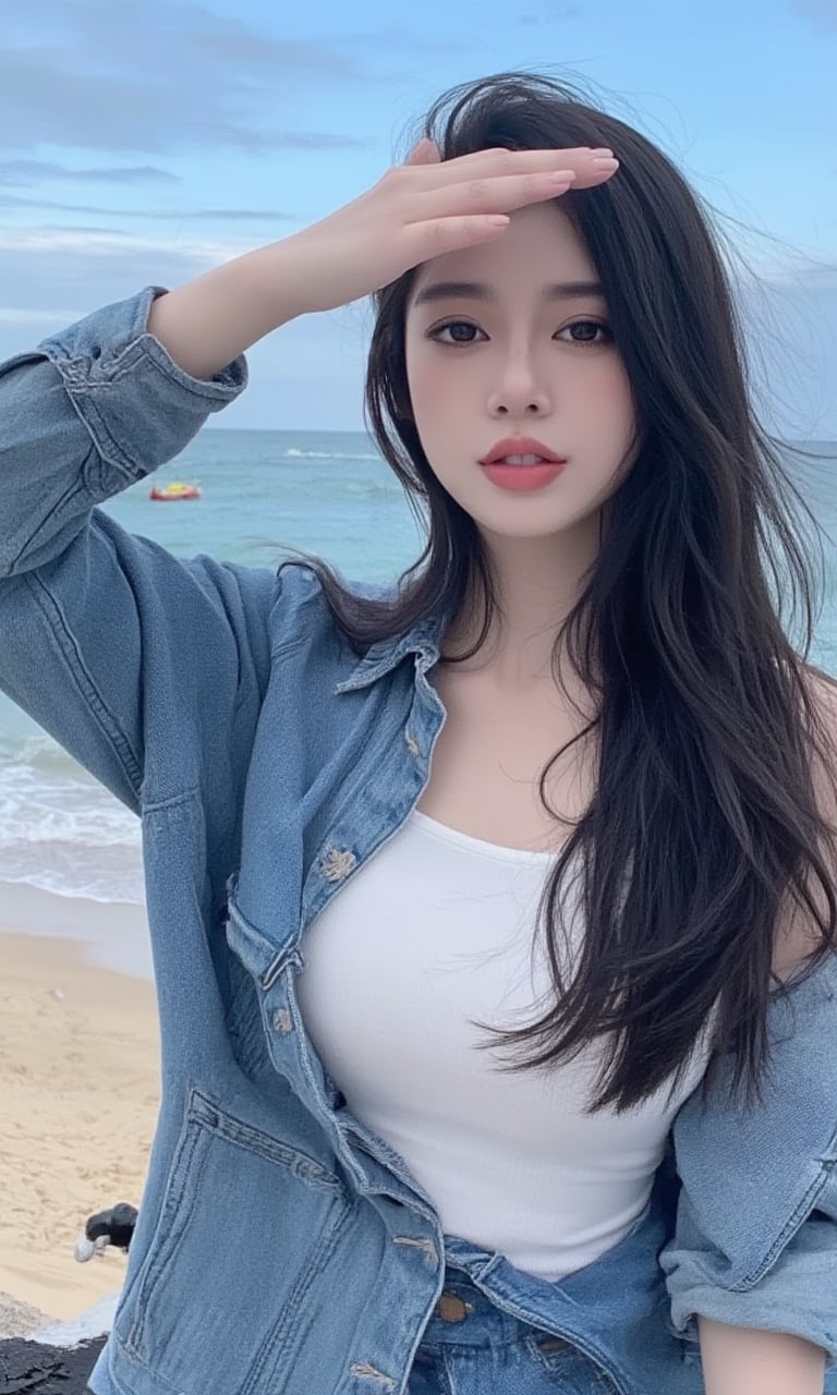 This is a high-resolution, casual half-body portrait photo. The subject of the photo is a young woman wearing a white tank top and a denim jacket, with the sleeves of the jacket rolled up. She has black hair that falls over her shoulders. Her right hand is raised, shielding it from the sun, as if she is enjoying the seaside view. The background shows a beach and the ocean, with waves crashing against the shore and a small boat moored on the beach. <lora:墨幽-Flux-Lora-网图:0.9>