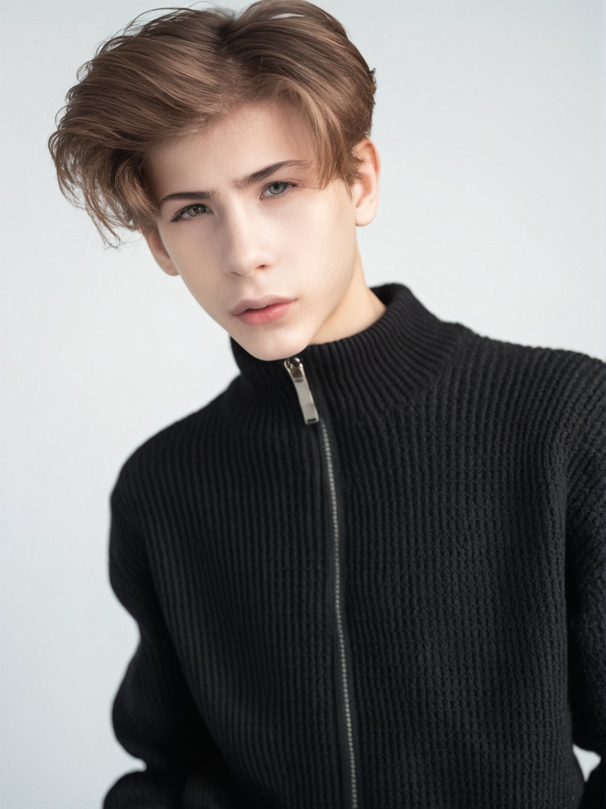 score_9, score_8_up, score_7_up, solo, photo \(medium\), <lora:JT(jac1tre):1> (jac1tre), 18 year old teen boy with a black sweater and a black zipper, professional photo, portrait, full lips, pouty lips, detailed face, detailed eyes, styled hair, solid white background, sexy boy, (surreal:0.4), hyper detailed photorealistic life-like accurate proportional 8k sharp focus, empty hands, (accurate cinematic lighting), photorealistic detail, (selective focus:0.6), skin imperfections, skin pores, photorealistic detail