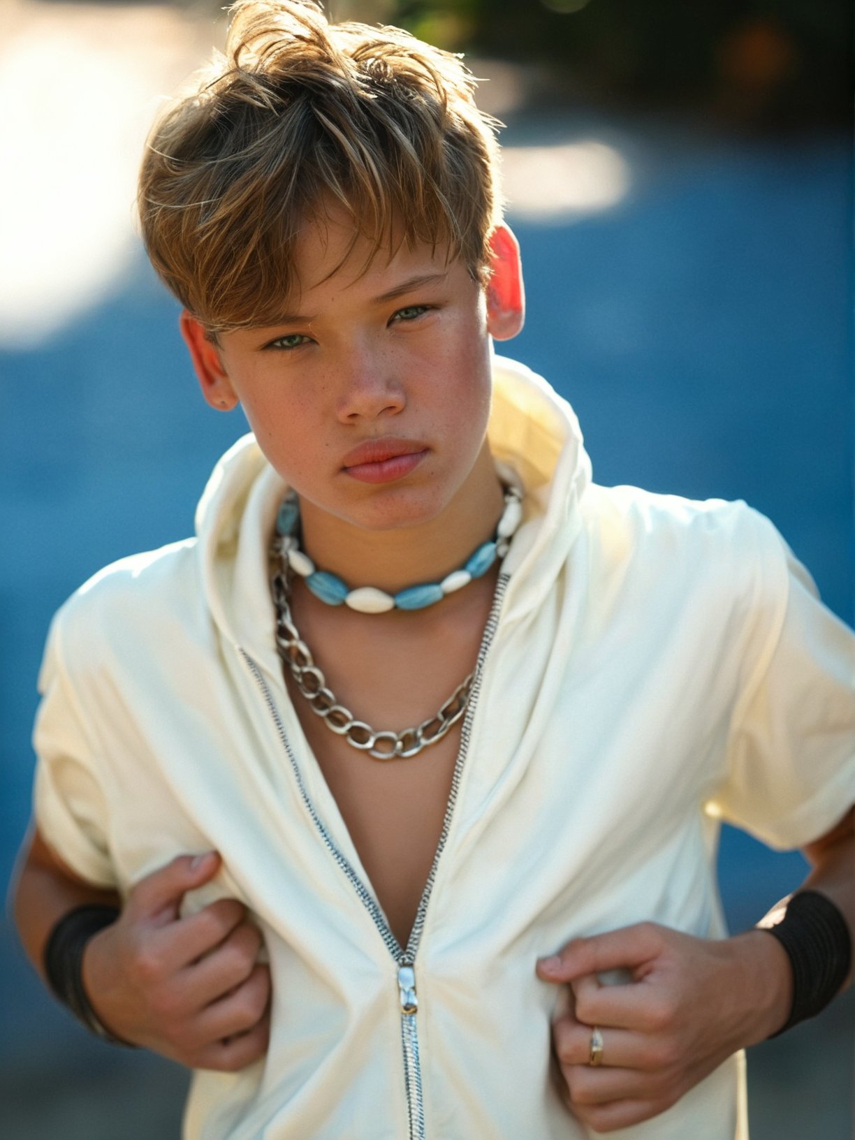 score_9, score_8_up, score_7_up, solo, photo, <lora:NG(n4tang0ldmann)SDXL:1> (n4tang0ldmann), 1boy, young boy, model, full thick lips, solo, jewelry, male focus, blonde hair, 1boy, freckles, necklace, looking at viewer, hood, upper body, blurry, realistic, blurry background, lips, blue eyes, shirt, day, realistic, hyper detailed photorealistic life-like accurate proportional 8k sharp focus, empty hands, accurate cinematic lighting, photorealistic detail, uncensored, full body shot  <lora:add-detail-xl:0.6>  