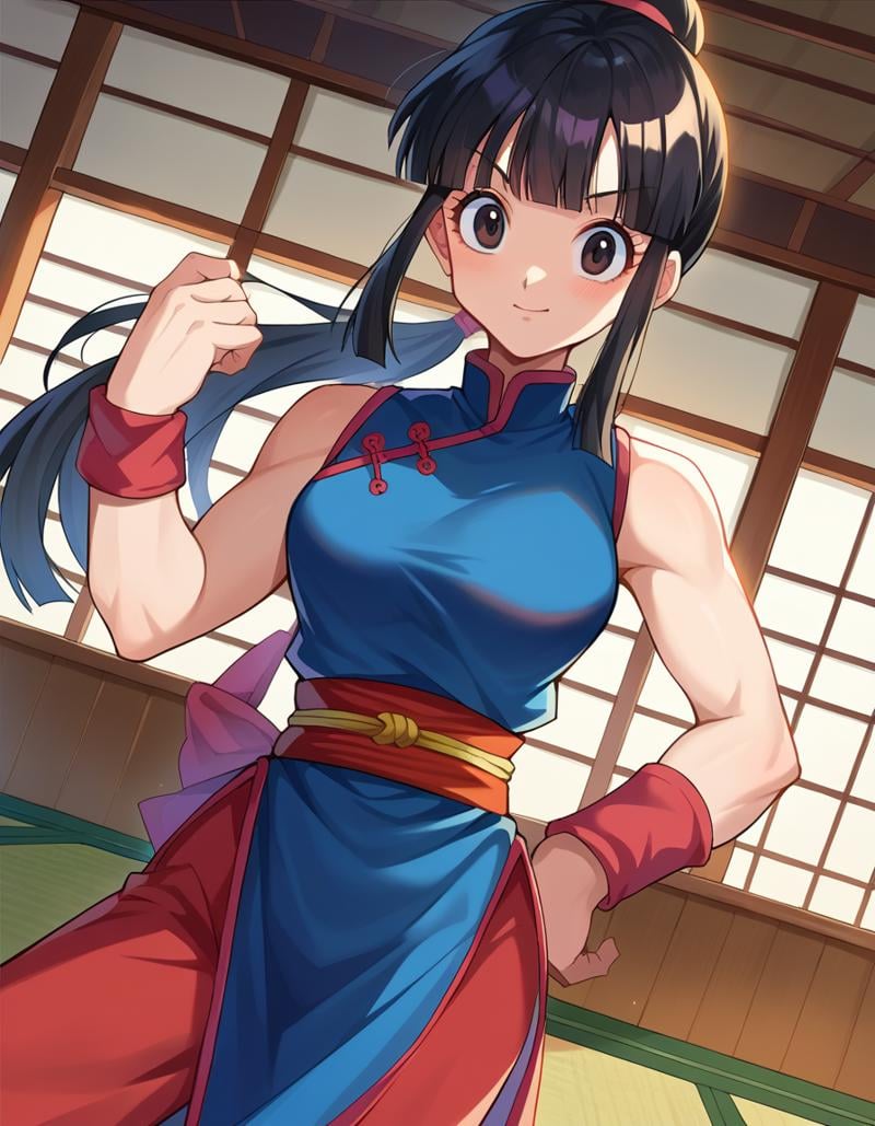 score_9, score_8_up, score_7_up, source_anime,dragonballchichi, <lora:dragonball-chichi-ponyxl-lora-nochekaiser:1>,chi chi, black eyes, black hair, long hair, hime cut, blunt bangs, sidelocks,bare arms, blue dress, china dress, chinese clothes, dress, high collar, obi, pants, ponytail, red pants, red sash, red wristband, sash, side slit, sleeveless, sleeveless dress, wristband,indoors, dojo,looking at viewer, dutch angle, cowboy shot,