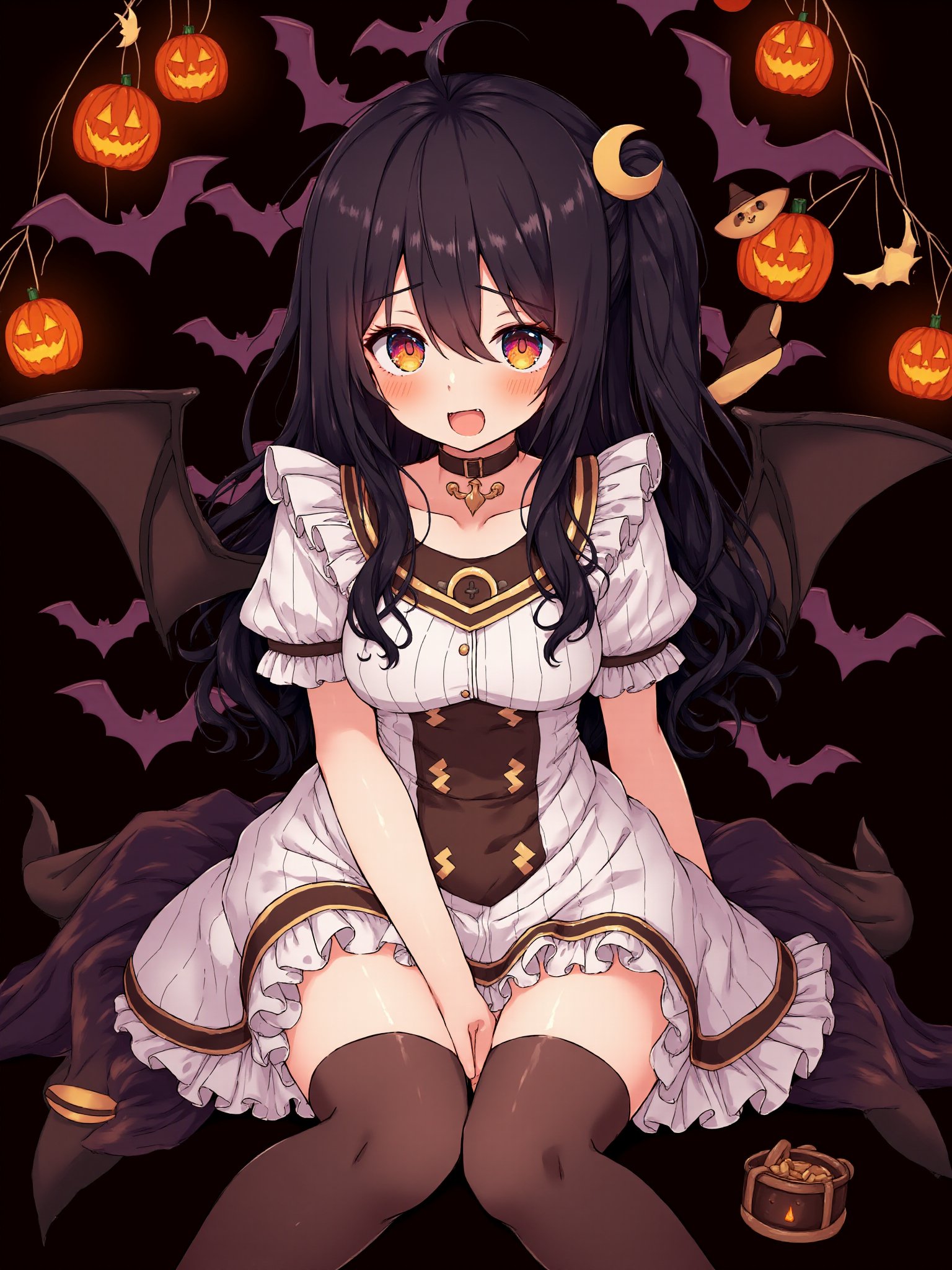 1girl,small black bat wings, background filled with Halloween decorations, Halloween black bats, black background, sittingmasterpiece, breasts, frilled thighhighs, open mouth, full body, wings, orange eyes, dress, jack-o'-lantern ornament, medium breasts, bat cutout, solo, crescent moon, thighhighs, black hair, bat \(animal\), smile, halloween, puffy sleeves, pumpkin hat ornament, striped dre, long bangs, striped clothes, frills, short sleeves, moon, choker, bat wings, looking at viewer, blush, halloween costume, puffy short sleeves,newest, absurdres, safe<lora:小恶魔狂想曲:1>​​​