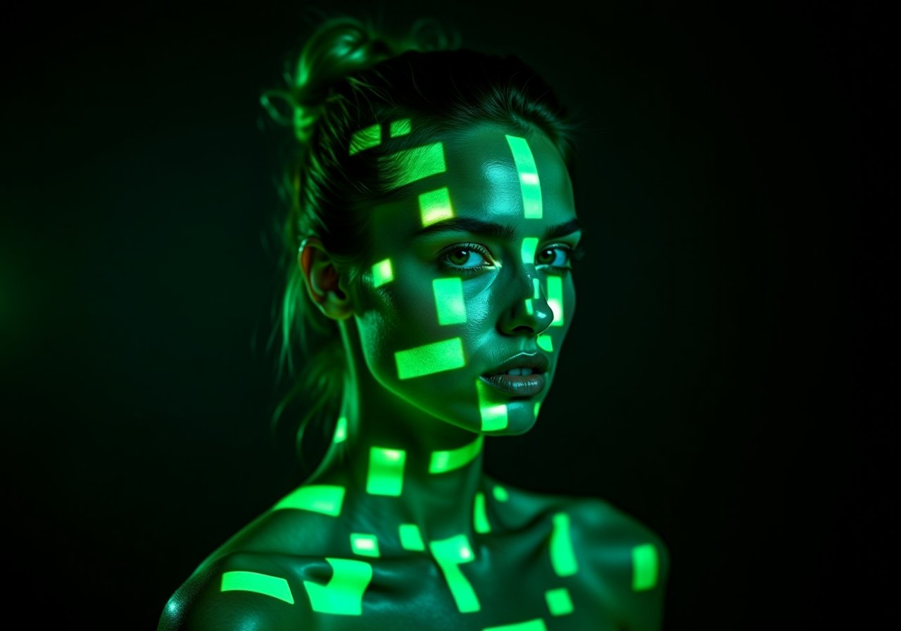 "A green explosion of squares, geometric patterns and sharp lines that form the portrait of a woman, visually striking and dynamic, dark background, sharp focus, crisp quality, HD, DOF, 4k, intricate detail, dynamic composition, beautiful lighting"