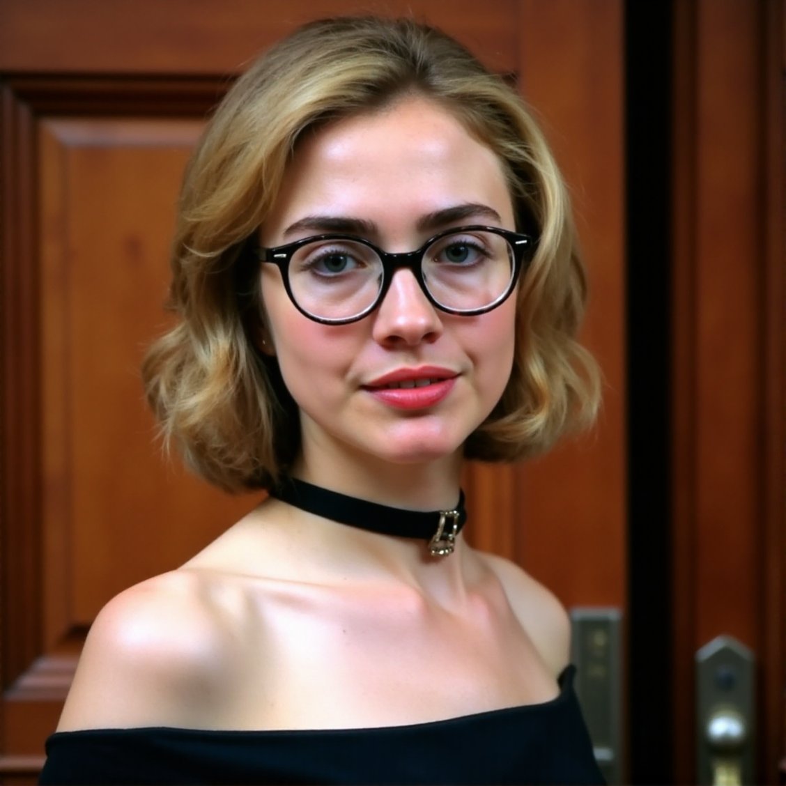 This photograph features a young woman with a fair complexion and light, sandy blonde hair, styled in a loose, casual manner with strands falling around her face. She has striking blue eyes that are accentuated by her thin, black-rimmed glasses. Her lips are painted a soft pink, adding a touch of color to her otherwise neutral makeup. She wears a black choker necklace that stands out against her skin tone, giving her a slightly edgy, alternative look. Her attire is simple yet stylish: she is wearing a dark, off-the-shoulder top that reveals her collarbones, which are slender and delicate. The fabric of her top appears to be soft and smooth, possibly made of a lightweight material like cotton or silk. The background is blurred, but it appears to be a wooden door with a rich, warm brown hue, suggesting an indoor setting with a vintage or rustic ambiance. The lighting is soft and natural, casting gentle shadows that highlight the contours of her face and neck, emphasizing her youthful and delicate features. The overall mood of the image is intimate and contemplative, with a focus on the subject's expression and attire.,Hillary_Clinton, <lora:Hillary_Clinton_Flux_V1:1>