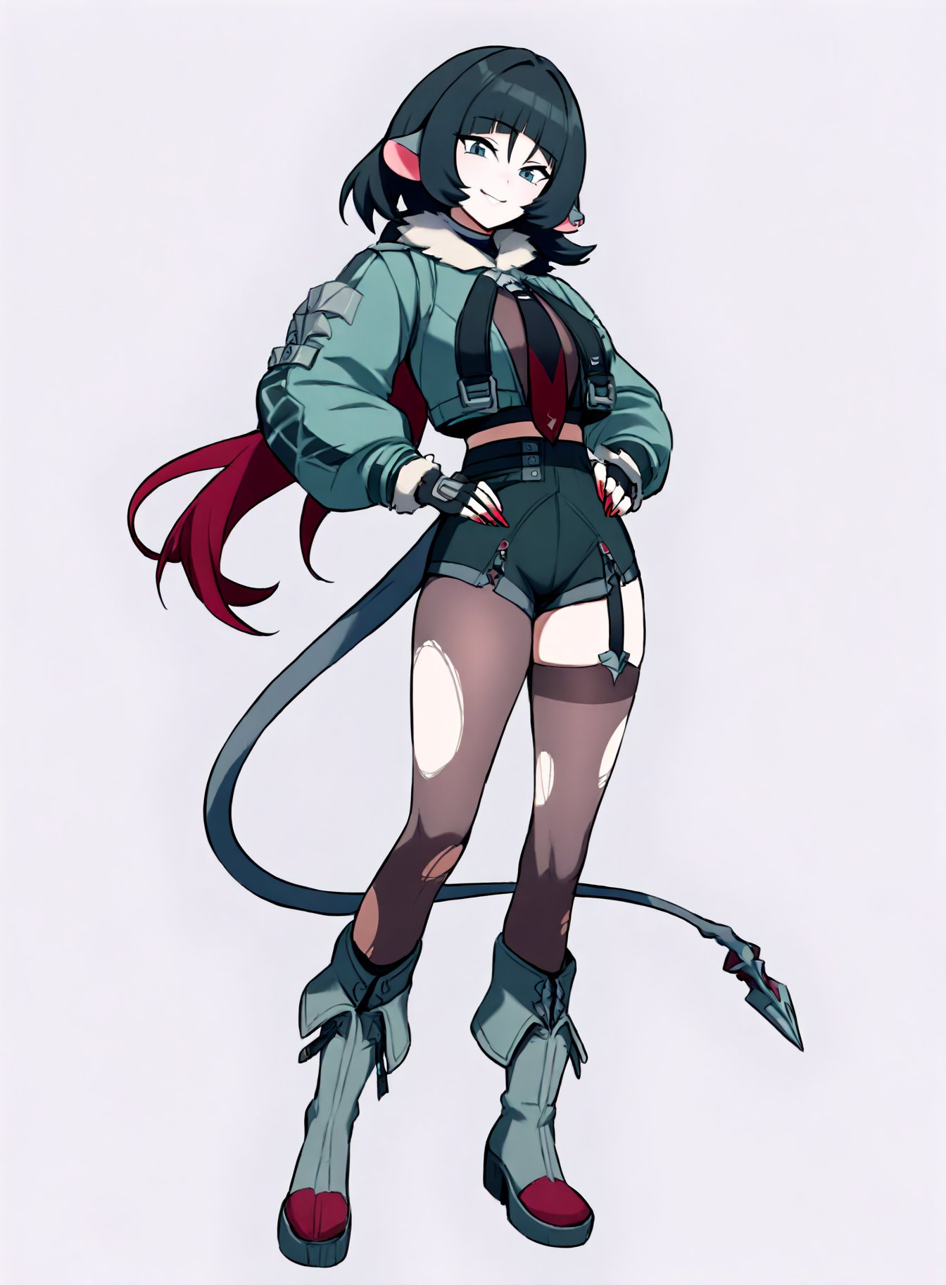 masterpiece, best quality, very aesthetic, absurdres,1girl, janedoe, bangs, black hair, blue eyes, medium hair,tail, mouse ears, red fingernails,fur-trimmed jacket, green jacket, high-waist black shorts, long sleeves, red necktie, belt, grey boots, fingerless gloves, single leg pantyhose, torn pantyhose, torn thighhighs,hands on hips, full body, standing, smile, solo, looking at viewer, simple background, white background  <lora:JaneDoeIllustriousXL_byKonan:1>