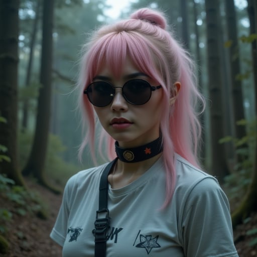 pastel pink hair that cascades down her back, tousled, The image is a high-resolution photograph of a young woman with a slender, photorealistic digital illustration of a young woman with a striking, with prominent cheekbones and a strong jawline, suggesting she is a soldier or operative. Her expression is serious and focused., eerie forest. The woman has long, casual updo with bangs. She is wearing a pair of dark sunglasses and a light gray t-shirt with a subtle star pattern on it. Around her neck