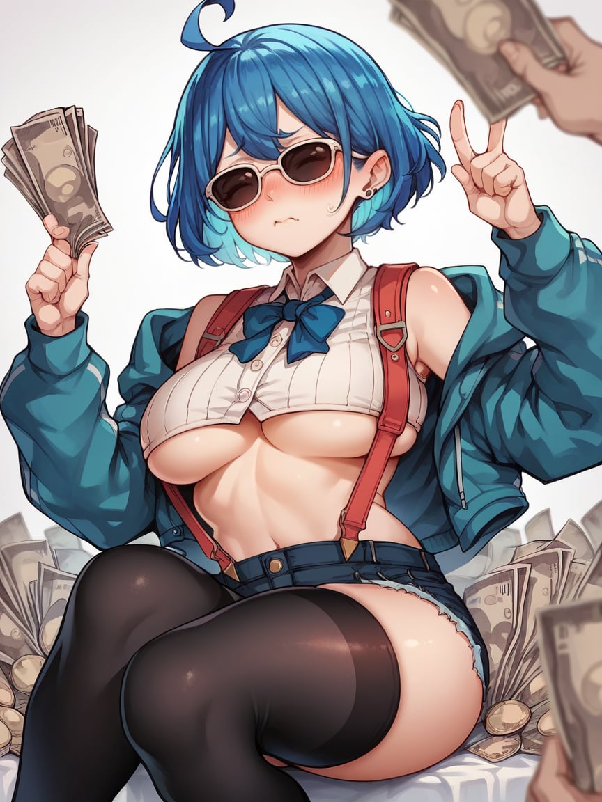 score_9, score_8_up, score_7_up, score_6_up, score_5_up,  <lora:m4gXLP:1> m4g, money, blush, black thighhighs, sunglasses, underboob, ahoge, meme, blue hair, suspenders