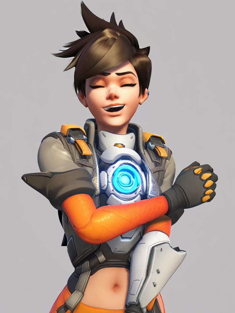 Tracer, 1girl (1.00), open mouth (0.97), solo (0.96), bandages (0.95), closed eyes (0.94), piercing (0.90), short hair (0.86), smile (0.85), black hair (0.80), shirt (0.79), upper body (0.76), ear piercing (0.73), white background (0.72), simple background (0.72), bandaged arm (0.69), tracer (overwatch) (0.66), short sleeves (0.64), navel (0.60), breasts (0.59), :d (0.53), <lora:Tracer:0.8>