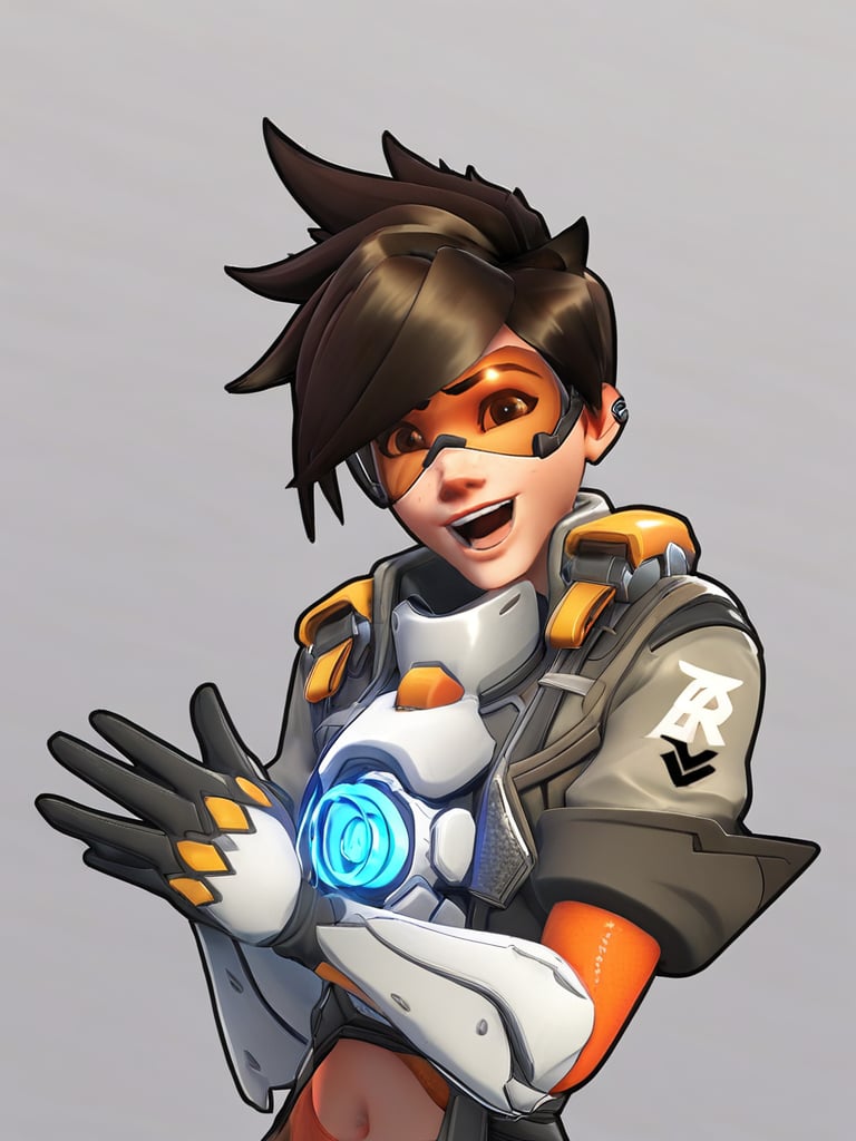 Tracer, 1girl (1.00), open mouth (0.97), solo (0.96), bandages (0.95), piercing (0.90), short hair (0.86), smile (0.85), black hair (0.80), shirt (0.79), upper body (0.76), ear piercing (0.73), white background (0.72), simple background (0.72), bandaged arm (0.69), tracer (overwatch) (0.66), short sleeves (0.64), navel (0.60), breasts (0.59), :d (0.53), <lora:Tracer:0.8>