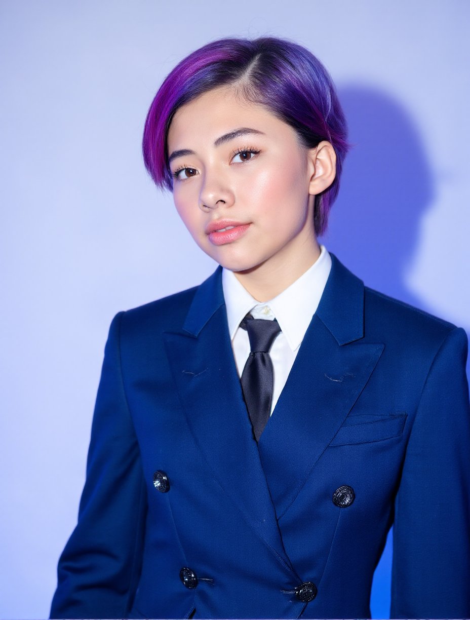 This is a high-resolution photograph of a young woman with a pale skin tone and short with closed mouth, dyed hair in a vibrant mix of purple and blue hues. Her hair is slicked back, exposing her face, which is adorned with striking makeup. The makeup features abstract, colorful patches in shades of yellow, pink, and blue, creating a whimsical and artistic appearance. The makeup extends from her forehead down to her jawline, blending seamlessly with her skin.She is wearing a classic deep blue suit, tailored to create a sharp, polished look. The jacket's clean lines are complemented by a crisp white shirt, adding a touch of freshness. The background features a soft gradient of blue and white, perfectly highlighting her makeup and hair color, creating a harmonious visual effect.The photograph is well-lit. The overall style of the image is artistic and avant-garde, emphasizing the interplay between the woman's natural features and the bold, abstract makeup. The photograph captures a blend of modern fashion and artistic expression, with a focus on creativity and individuality.,Xochitl Gomez,<lora:Xochitl_Gomez:1>