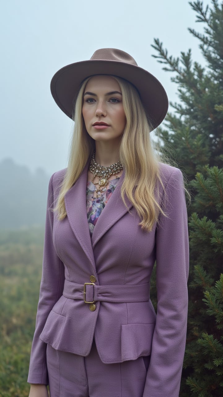 photograph, Fashion shot of a (Laura Linney:1.1) , Compelling, wearing Prince Lilac and Sage garb, Foggy, Realistic, Kodak gold 200, L USM, avant-garde, photo, aidmaRealisticPeoplePhotograph, midjourneyv6.1