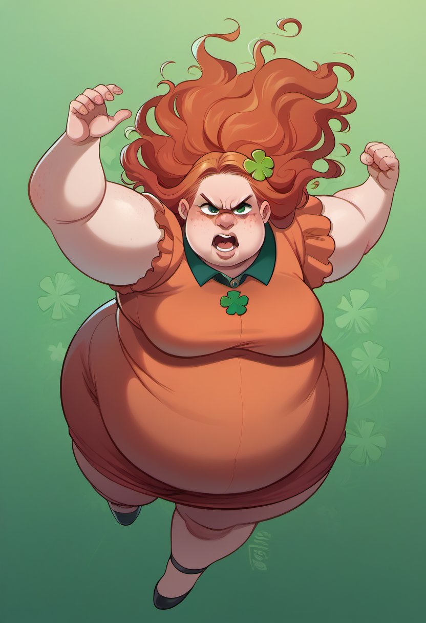 zPDXL, zPDXLxxx, BREAK <lora:Ugly_Women_for_Pony:1>, very_ugly, obese, <lora:4chan_vivianjames_ponyXL:0.8>, vivianjame, four-leaf clover hair ornament, freckle, dress, action pose, jumping   