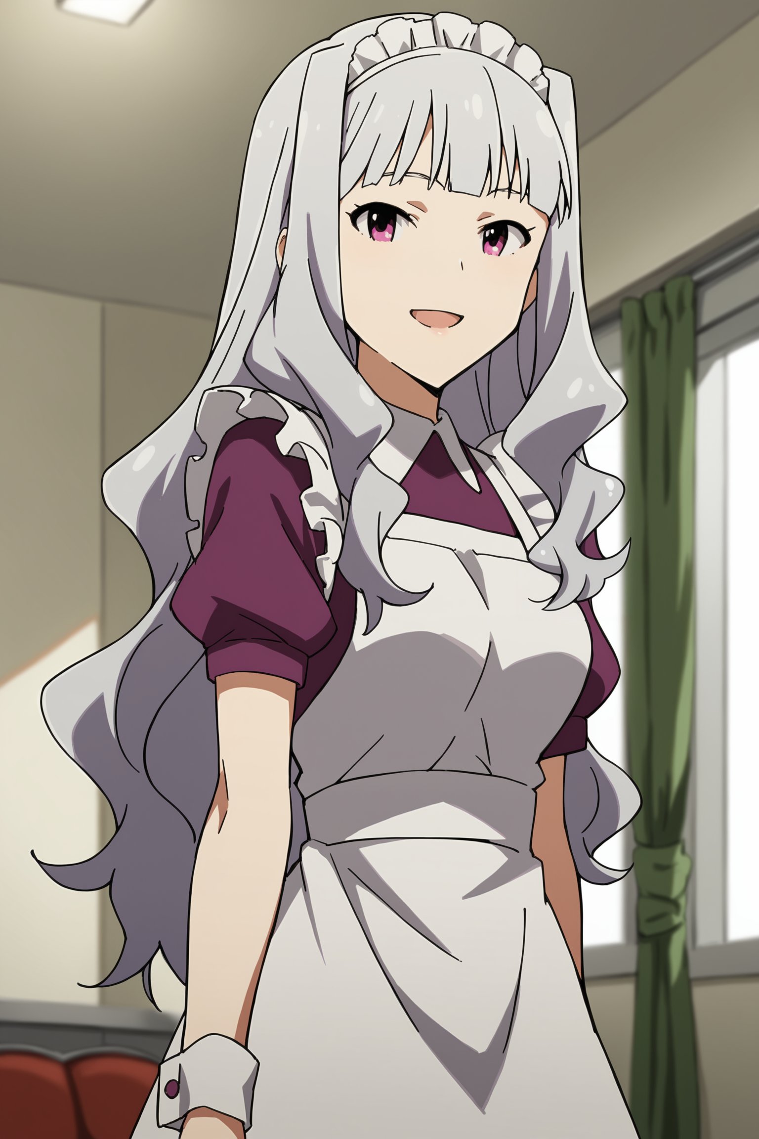 score_9, score_8_up, score_7_up, source_anime, inside a fancy house,<lora:Takane_Shijou_The_iDOLMSTER_2011_anime_art_style:.8>1girl, solo, grey hair, long hair, purple eyes, breasts, Takane maid outfit, maid, maid headdress, apron, wrist cuffscowboy shot, looking at the viewer, mouth open, smiling