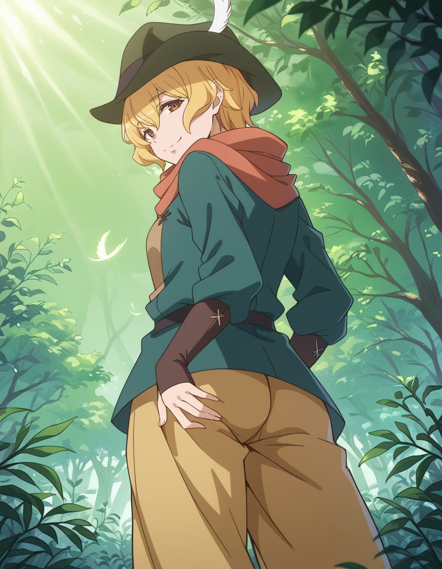 score_9, score_8_up, score_7_up, source_anime, absurdres,, ass_focus, from_below, from_behind, looking_back, looking_at_viewer, standing_pose, hand_on_own_ass, hand_on_own_leg, seductive_smile, light_smile, yuba_village, rustic_houses, lush_fields, glowing_torches, tranquil_evening, vibrant_foliage, soft_sunlight, earthy_tones, peaceful_village, nature_focus, warm_shadows, painterly_style, organic_lighting,  <lora:dungeon_ni_deai_wo_motomeru_no_wa_machigatteiru_darou_ka_-_ hermes:1> hermes, blonde_hair, hat, hat_feather, scarf, red_scarf, brown_eyes